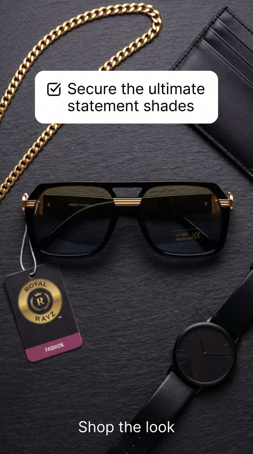 Royal Rayz Gold-Trim Square Aviator Sunglasses – Black & Gold, Grey-Champagne Gradient Lens