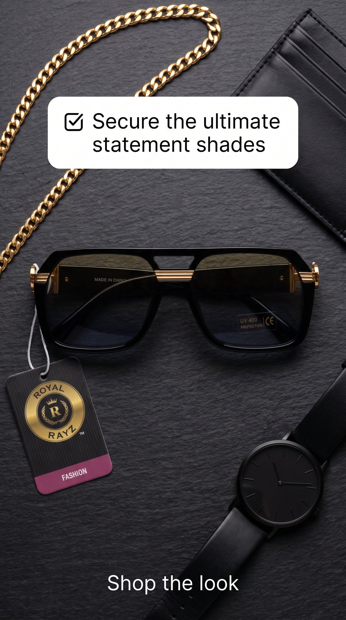 Royal Rayz Gold-Trim Square Aviator Sunglasses – Black & Gold, Grey-Champagne Gradient Lens
