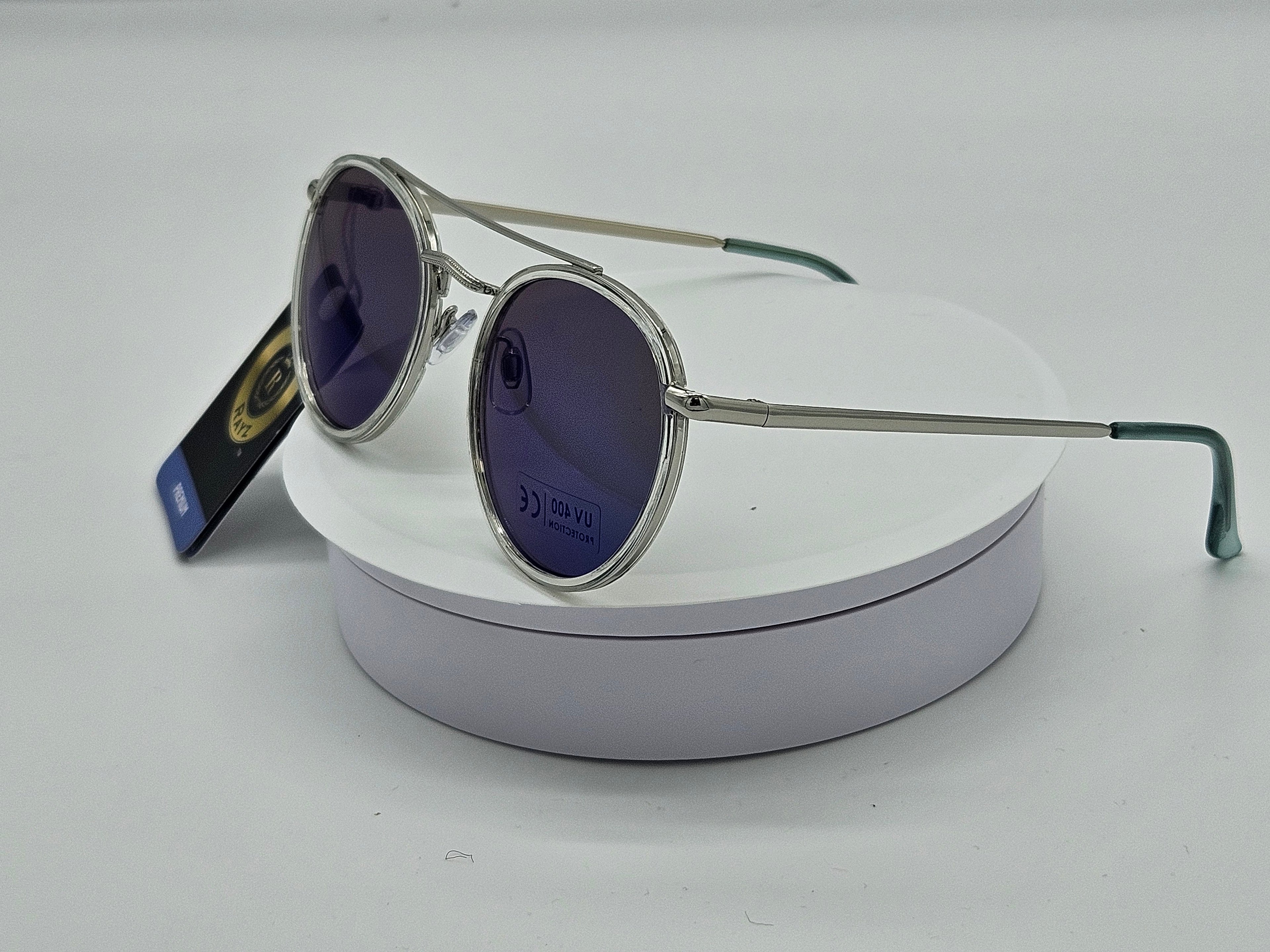 Royal Rayz Double Bridge Round Sunglasses – Silver, Blue Mirror Lens