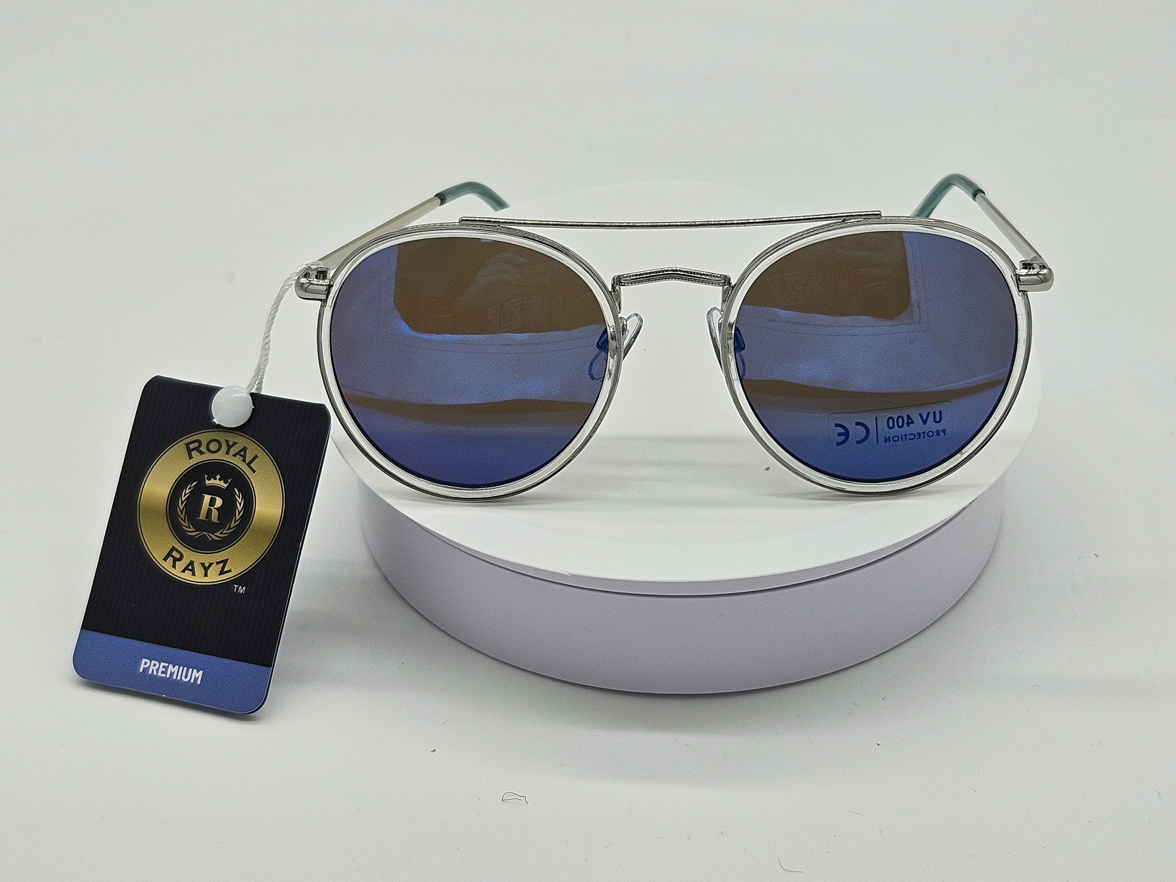 Royal Rayz Double Bridge Round Sunglasses – Silver, Blue Mirror Lens
