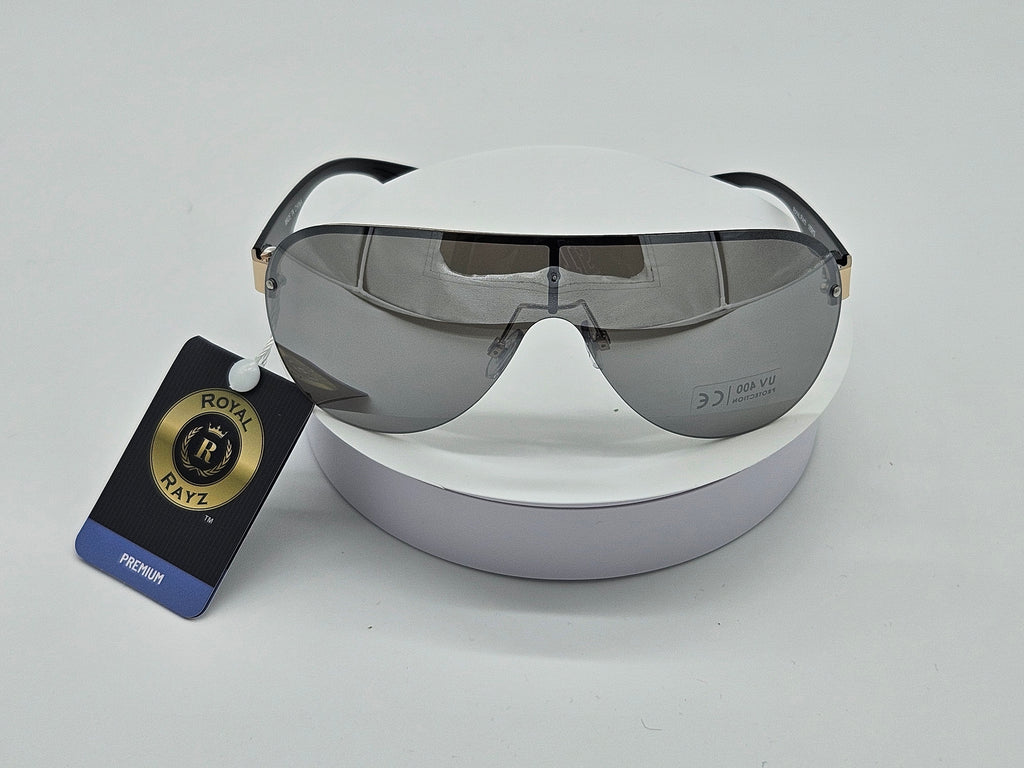 Royal Rayz Silver Shield Sunglasses – Black & Gold, Silver Mirror Lens