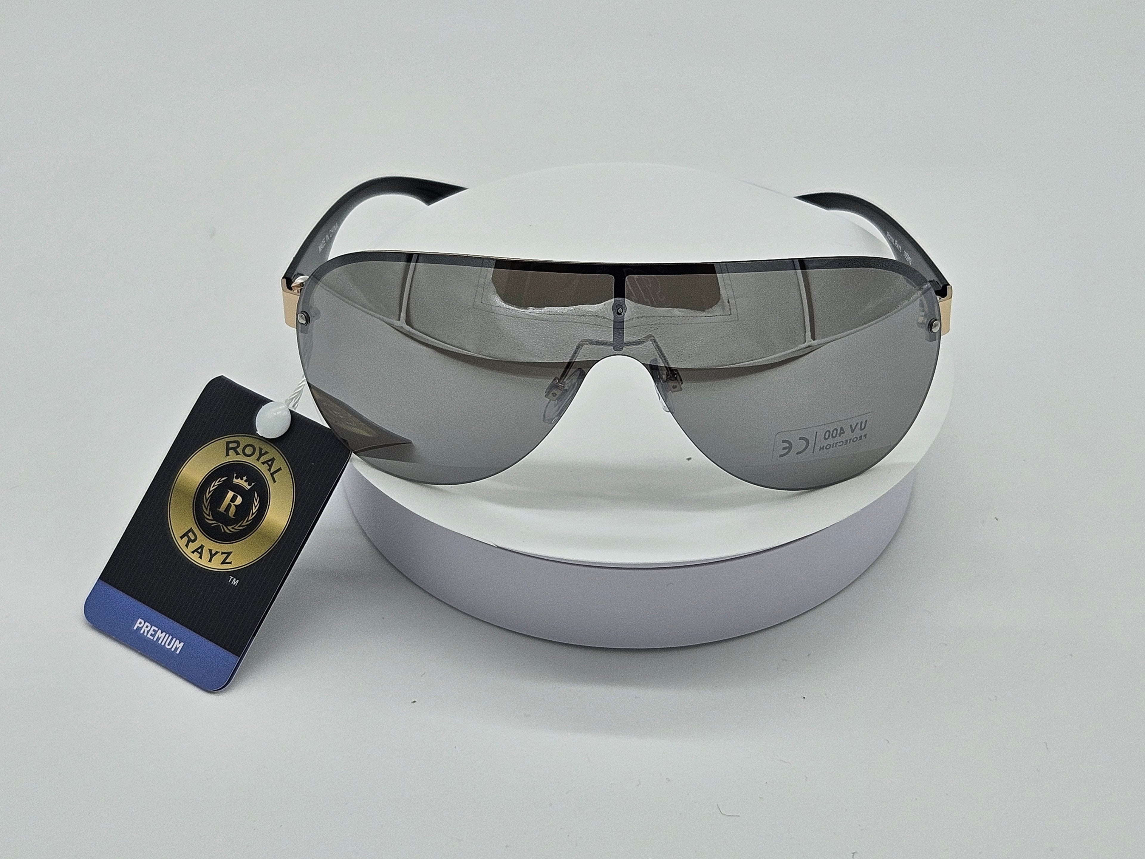 Royal Rayz Silver Shield Sunglasses – Black & Gold, Silver Mirror Lens