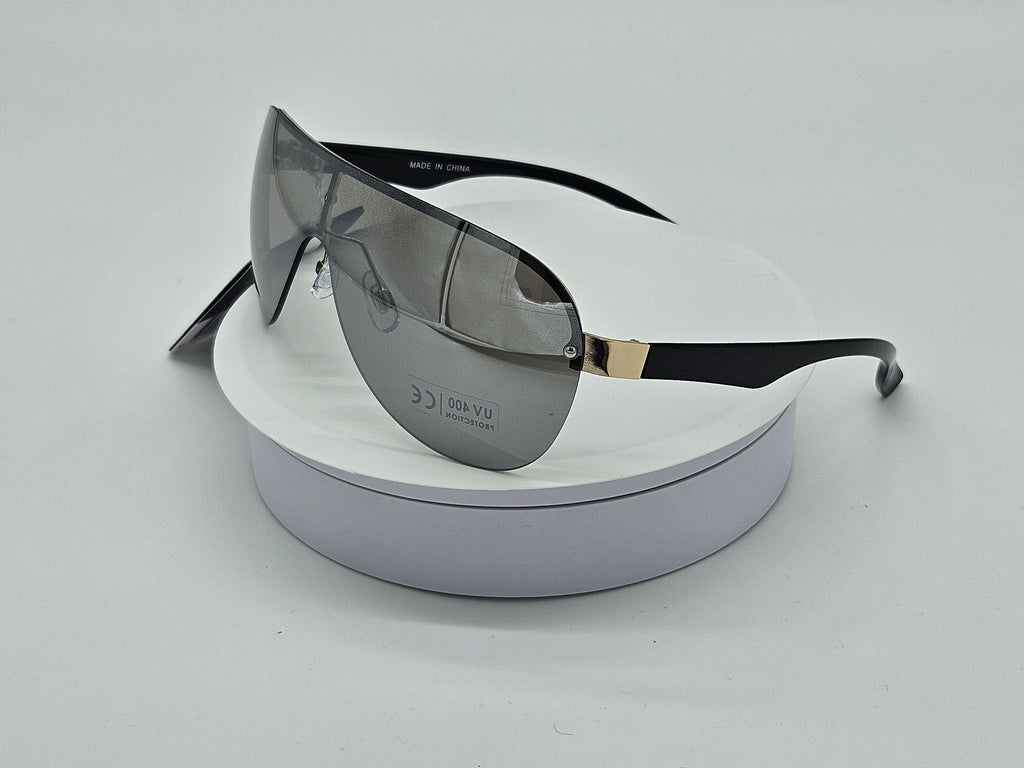 Royal Rayz Silver Shield Sunglasses – Black & Gold, Silver Mirror Lens