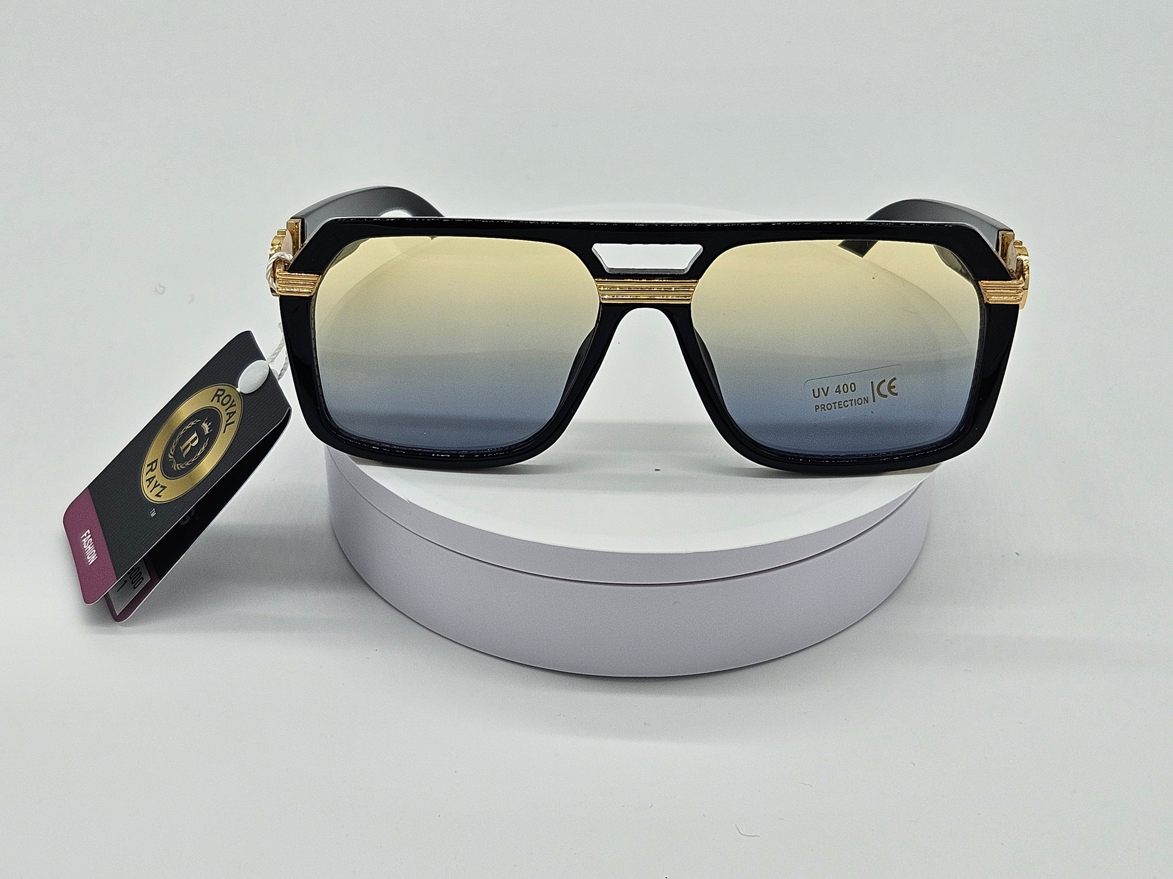 Royal Rayz Gold-Trim Square Aviator Sunglasses – Black & Gold, Grey-Champagne Gradient Lens