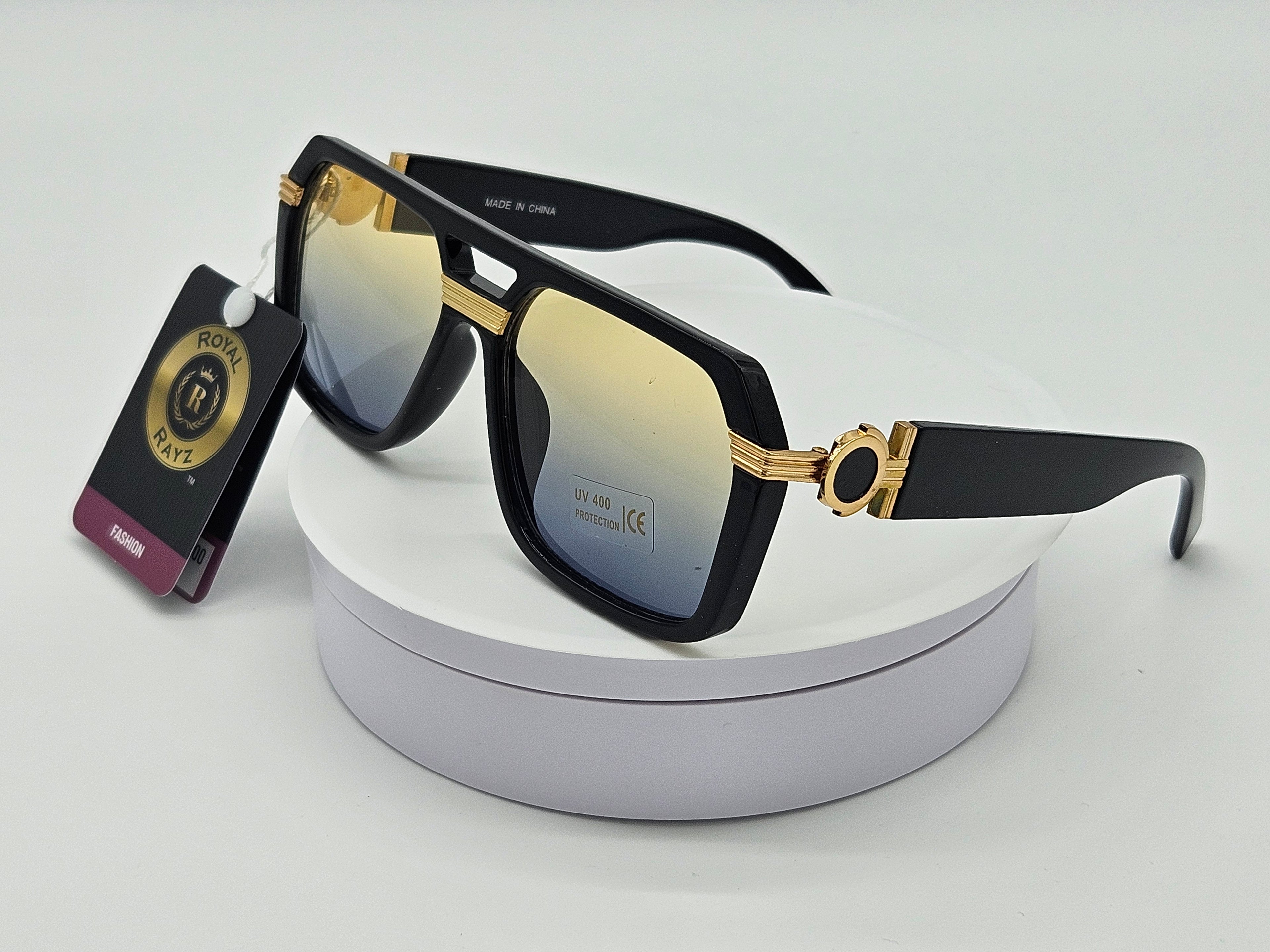 Royal Rayz Gold-Trim Square Aviator Sunglasses – Black & Gold, Grey-Champagne Gradient Lens