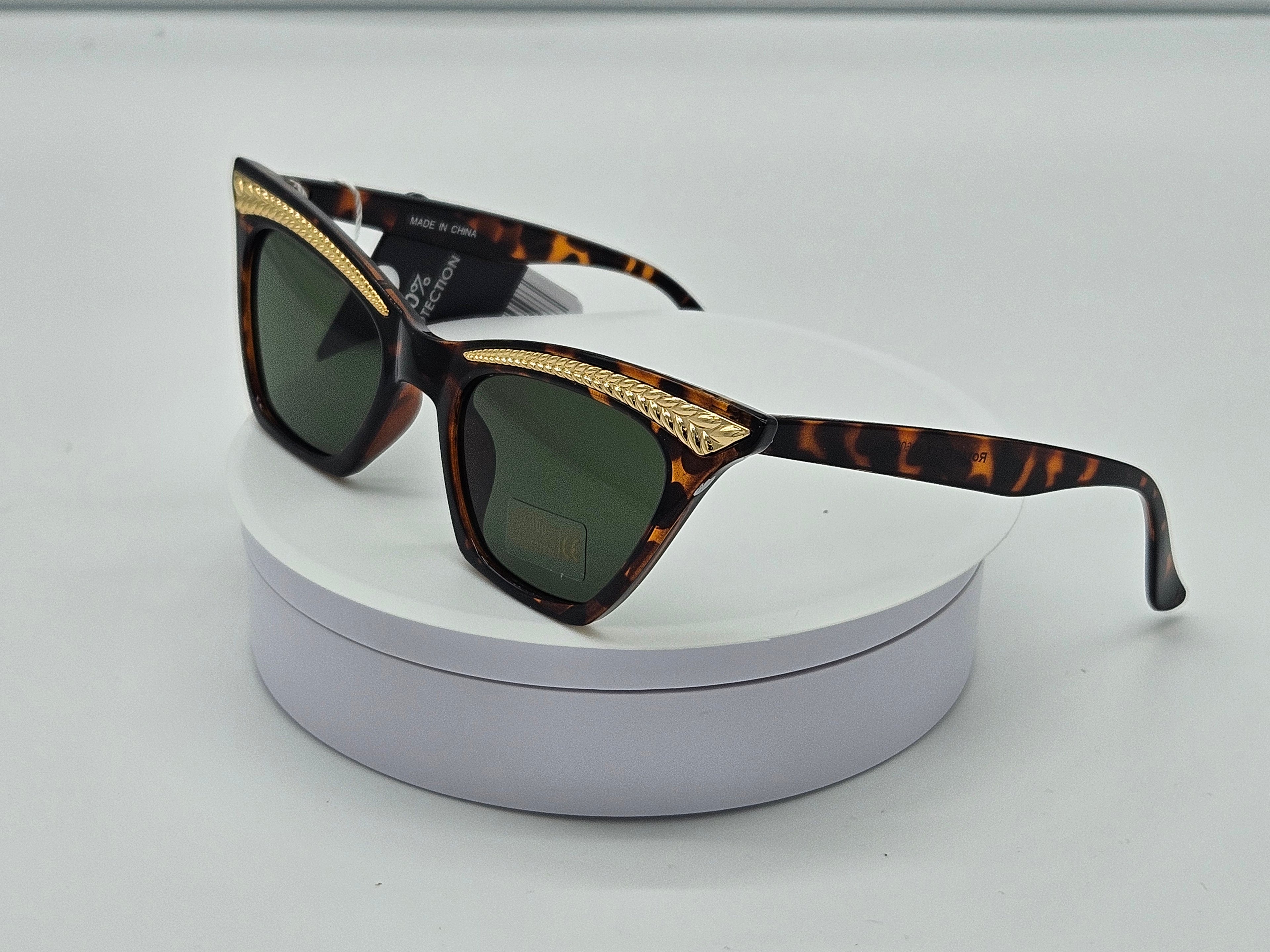 Royal Rayz Gold Leaf Cat-Eye Sunglasses – Tortoiseshell, Green Lens