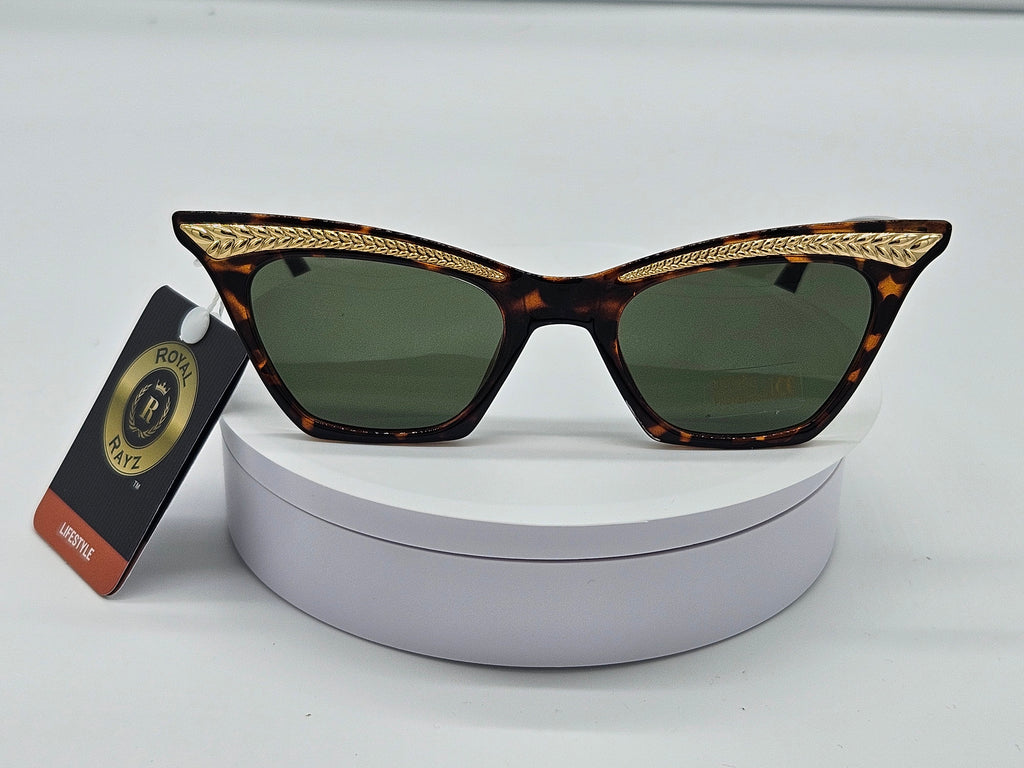 Royal Rayz Gold Leaf Cat-Eye Sunglasses – Tortoiseshell, Green Lens