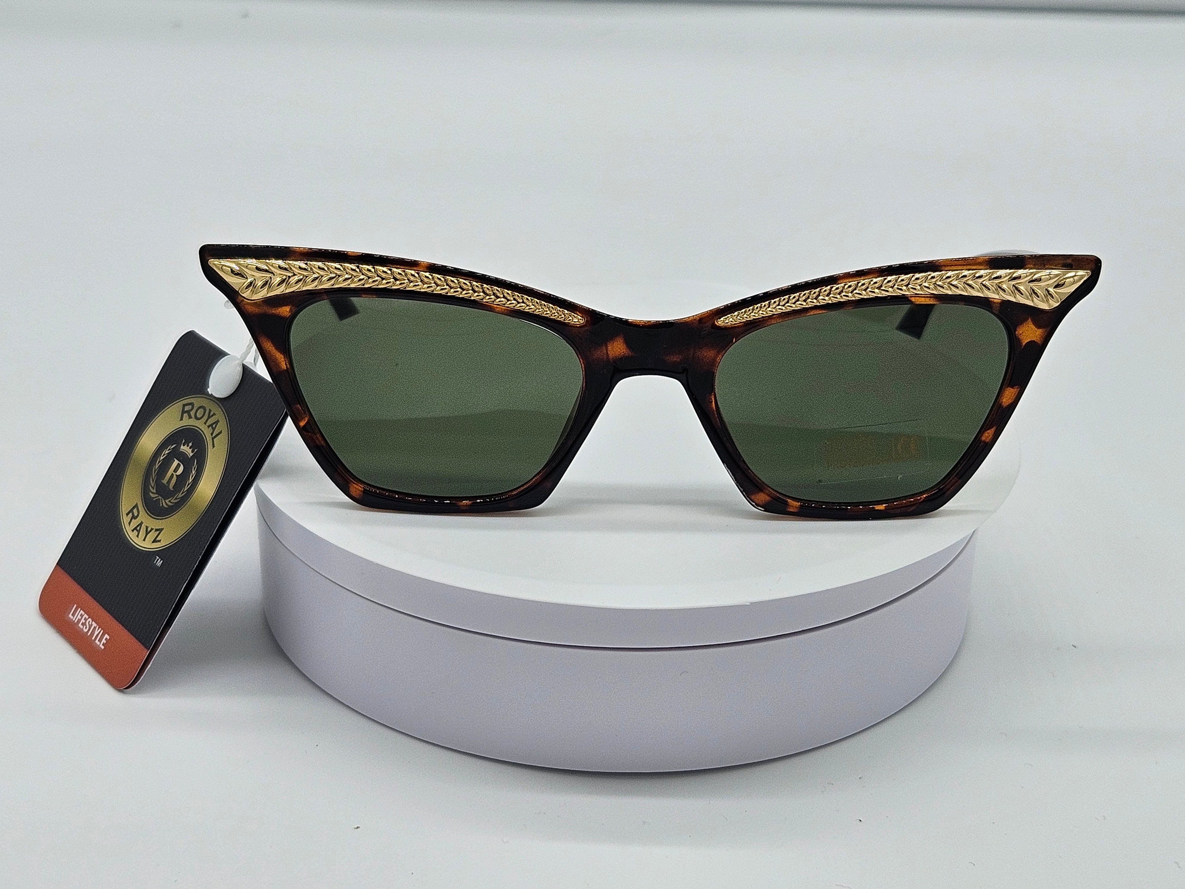 Royal Rayz Gold Leaf Cat-Eye Sunglasses – Tortoiseshell, Green Lens