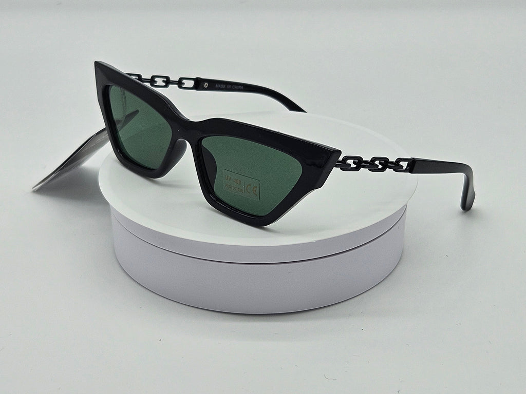 Royal Rayz Chain Link Cat-Eye Sunglasses – Black, Green Lens
