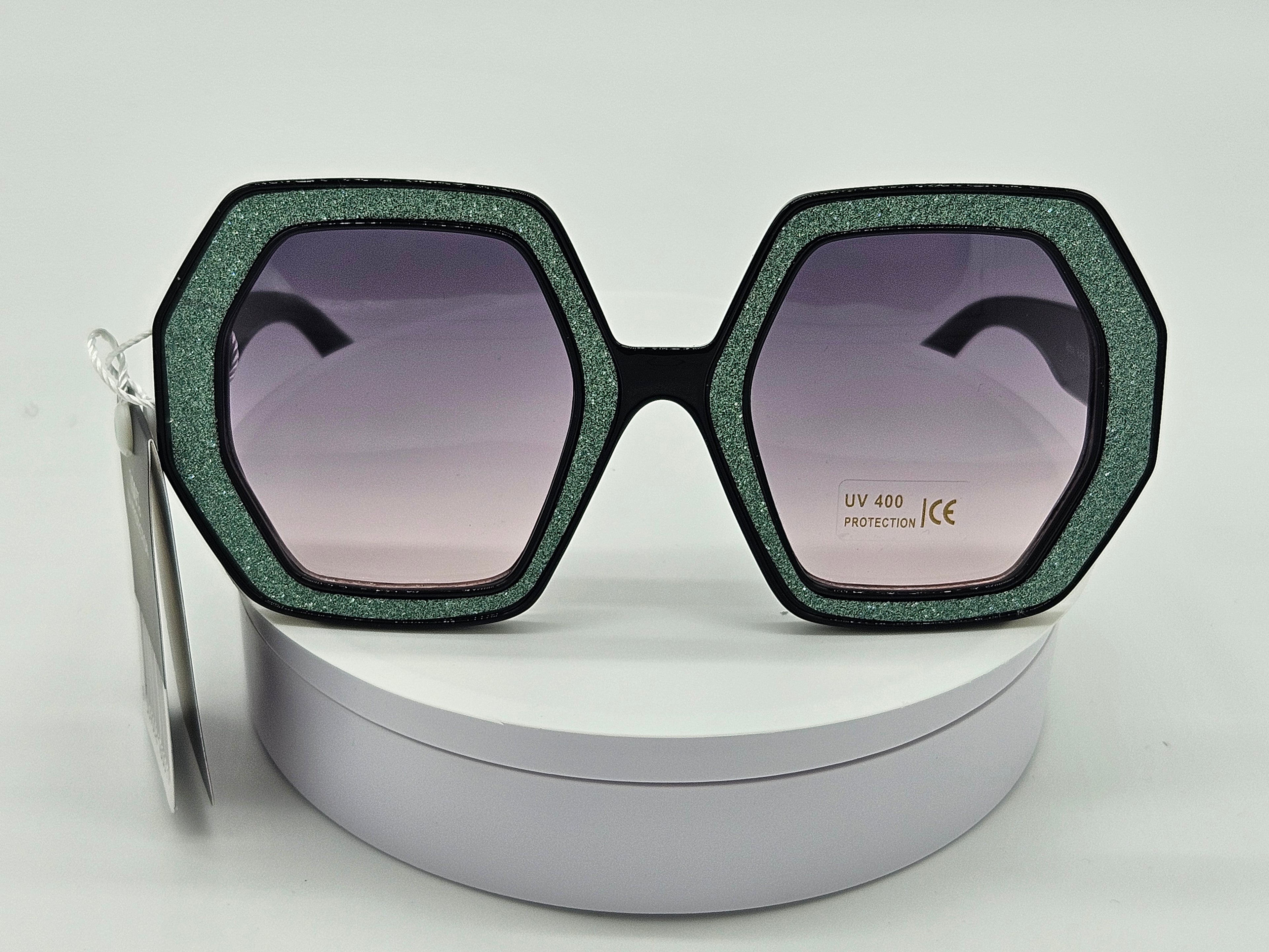 Royal Rayz Glitter Hexagon Sunglasses – Black & Sage Green, Grey-Lavender Gradient Lens