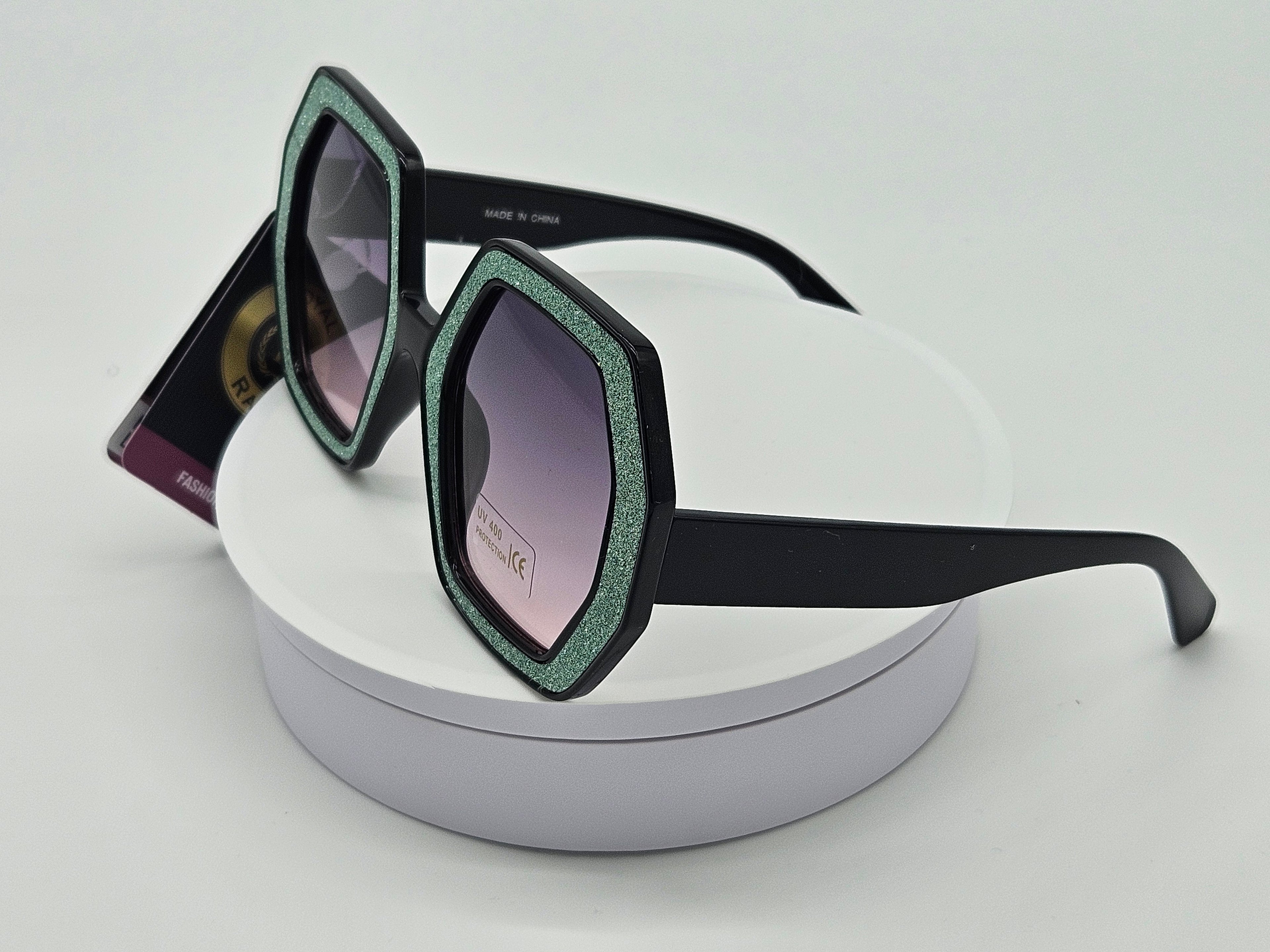 Royal Rayz Glitter Hexagon Sunglasses – Black & Sage Green, Grey-Lavender Gradient Lens