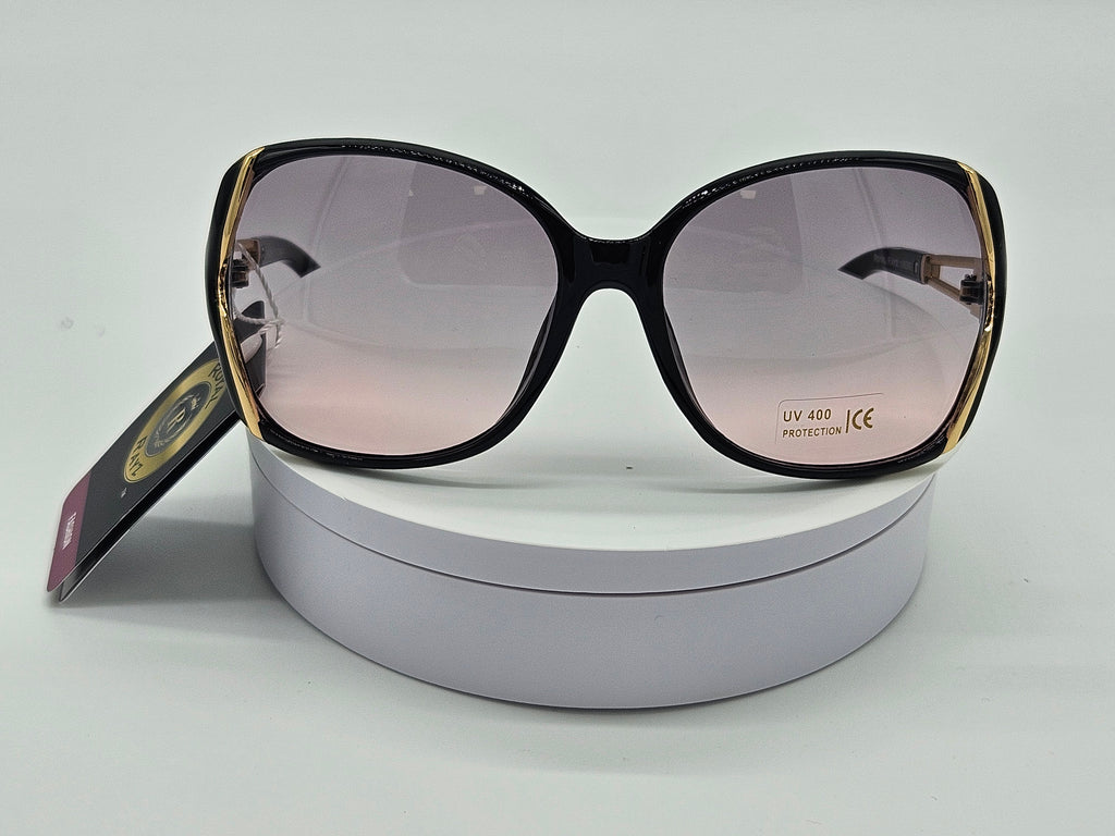 Royal Rayz Golden Edge Oversized Sunglasses – Black & Gold, Grey-Pink Gradient Lens
