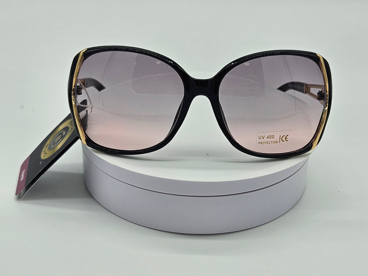 Royal Rayz Golden Edge Oversized Sunglasses – Black & Gold, Grey-Pink Gradient Lens