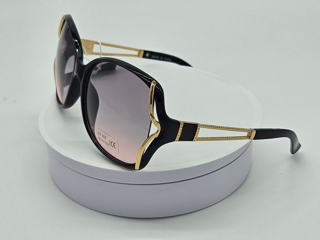 Royal Rayz Golden Edge Oversized Sunglasses – Black & Gold, Grey-Pink Gradient Lens
