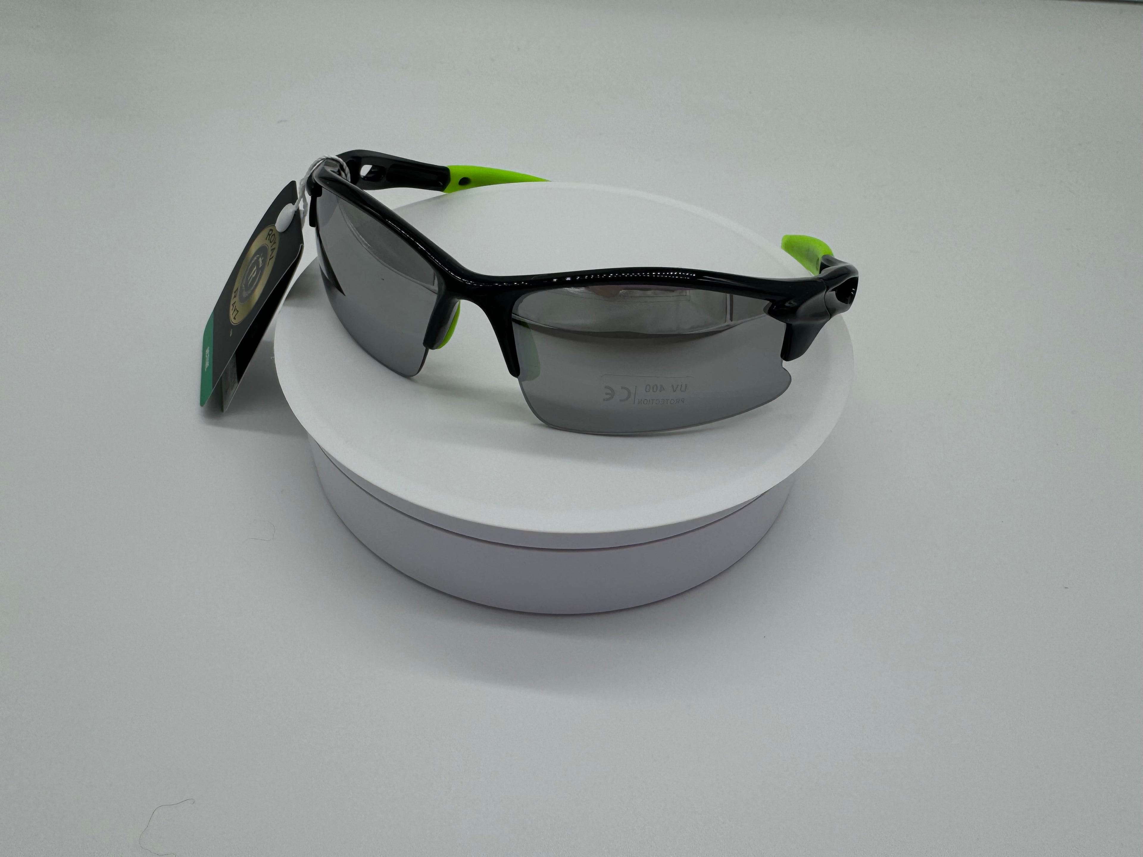 Royal Rayz Semi-Rimless Sport Sunglasses – Black & Green, Silver Mirror Lens