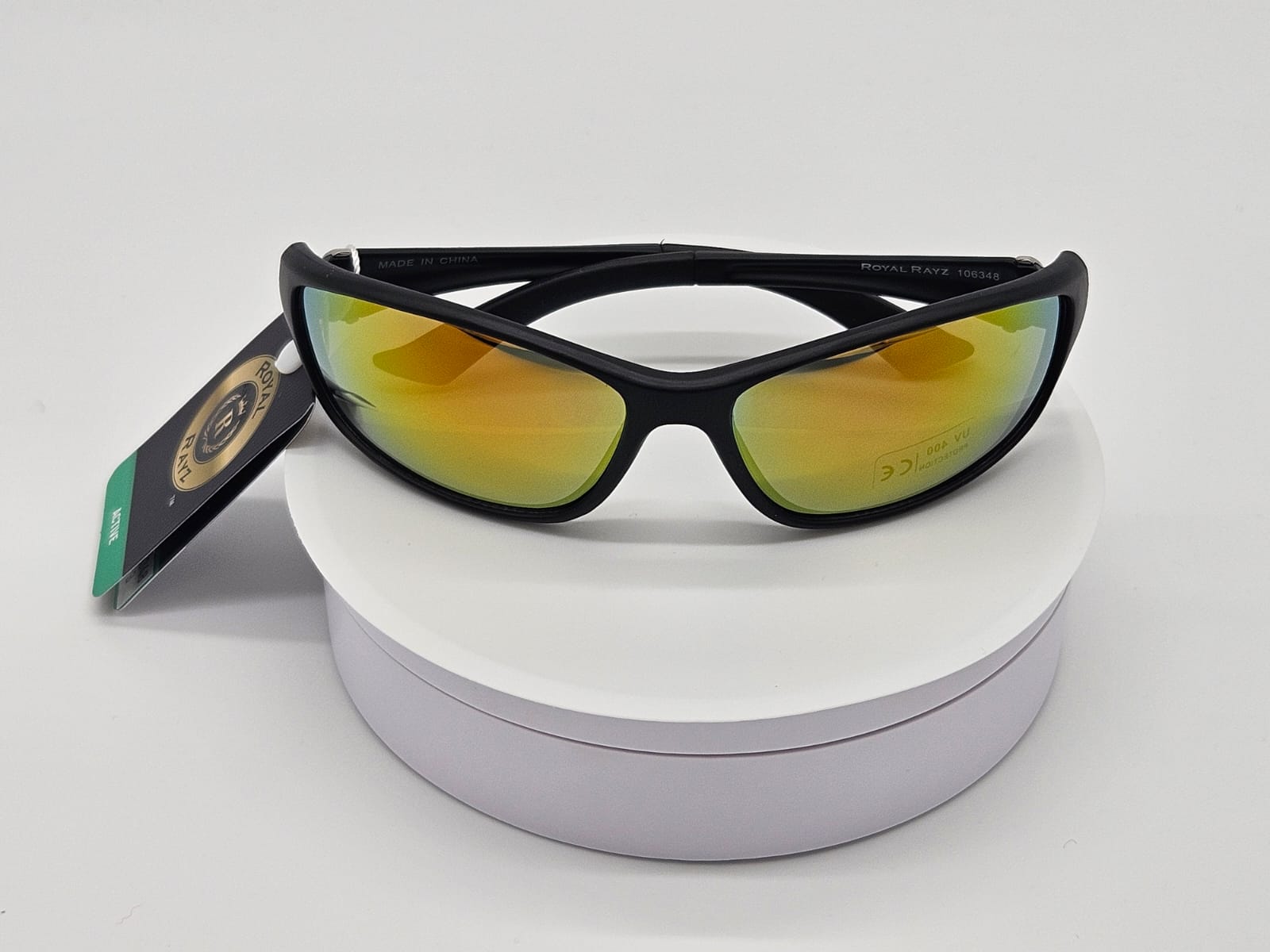 Royal Rayz Sunset Wrap Sunglasses – Black, Orange-Yellow Mirror Lens