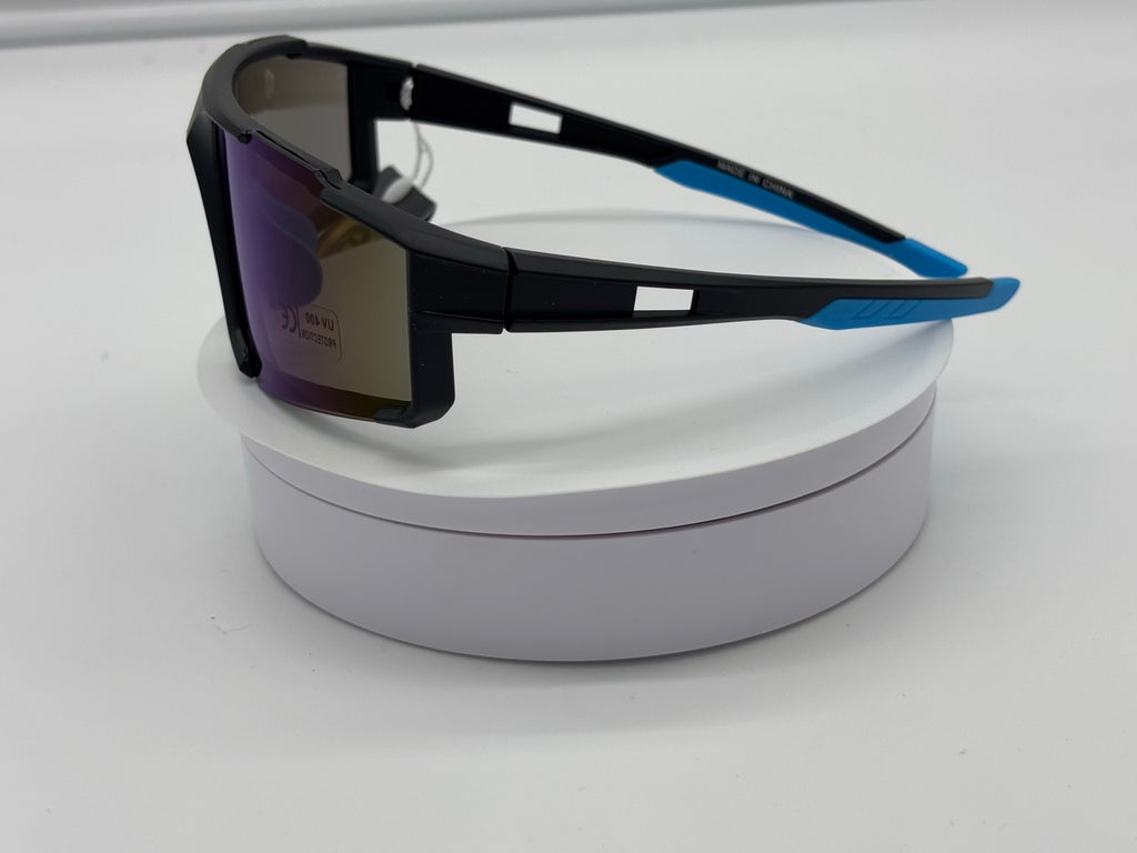 Black Sport Shield Sunglasses with Blue Mirror Lens