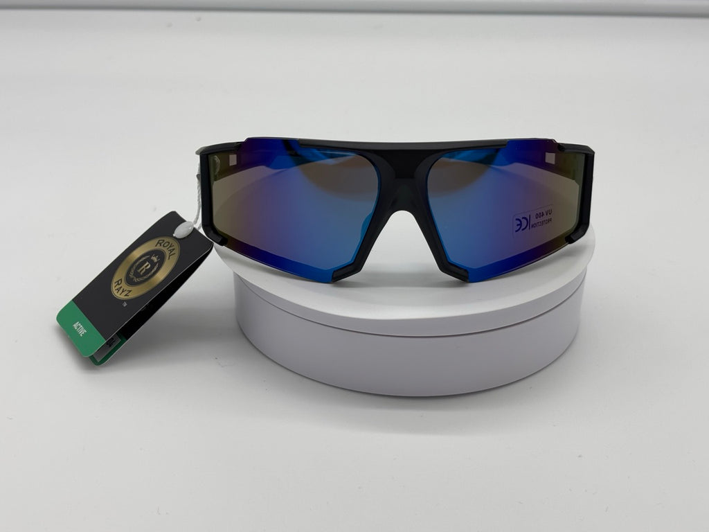 Black Sport Shield Sunglasses with Blue Mirror Lens