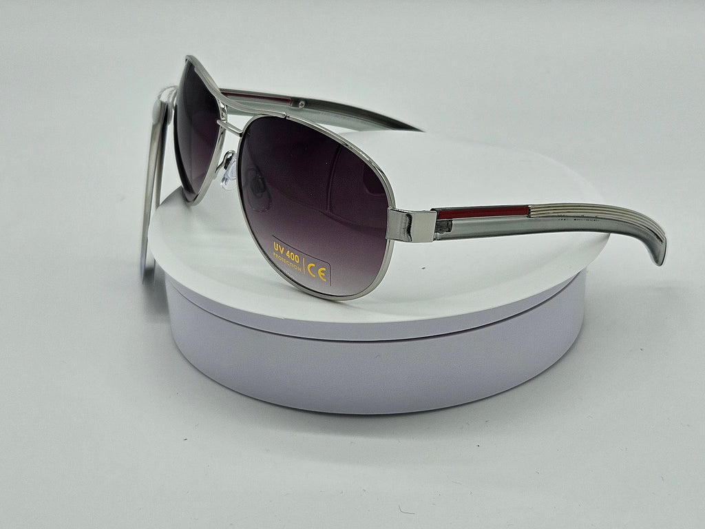 Silver Aviator Sunglasses with Burgundy Stripe Accent