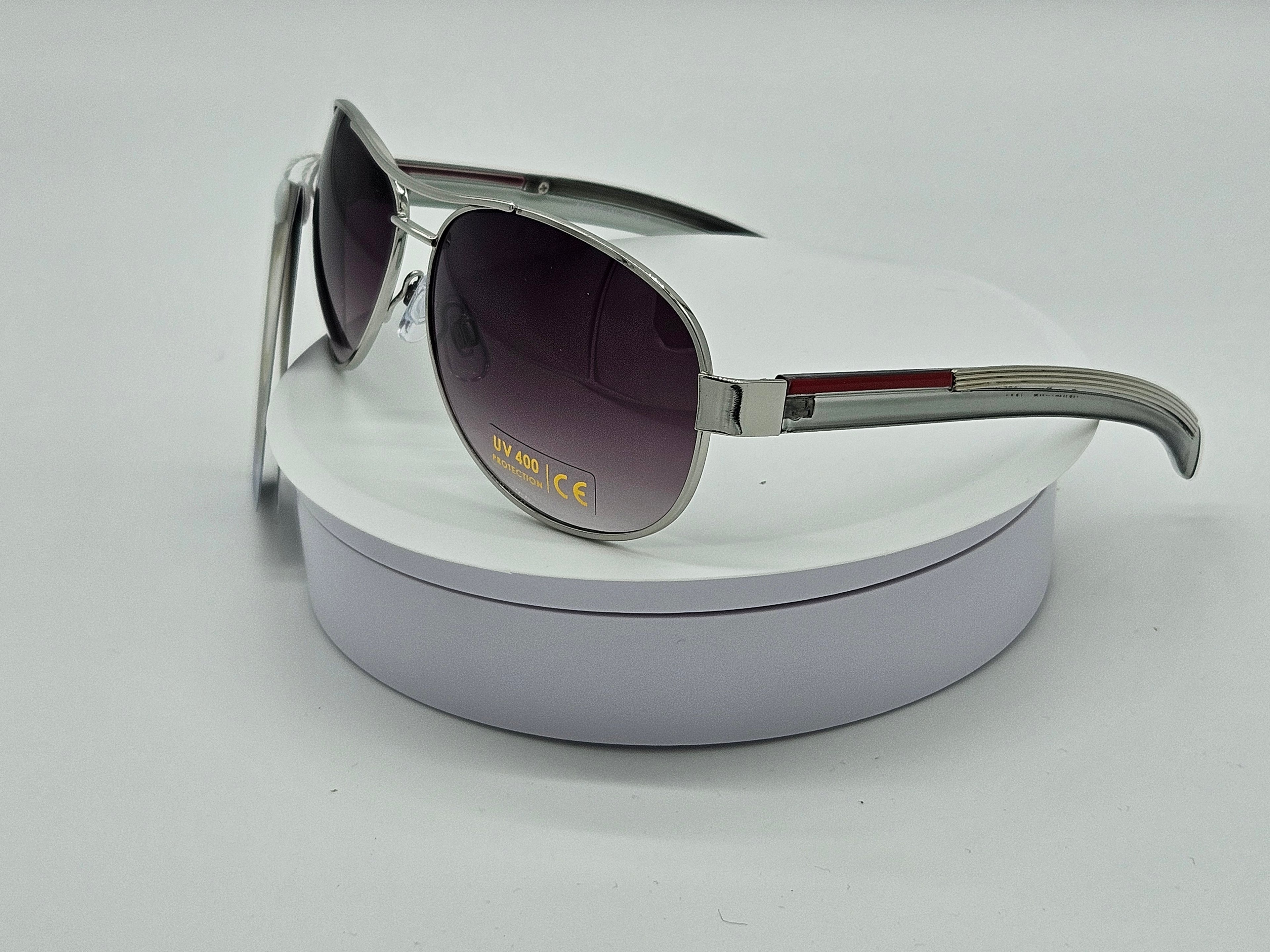 Silver Aviator Sunglasses with Burgundy Stripe Accent