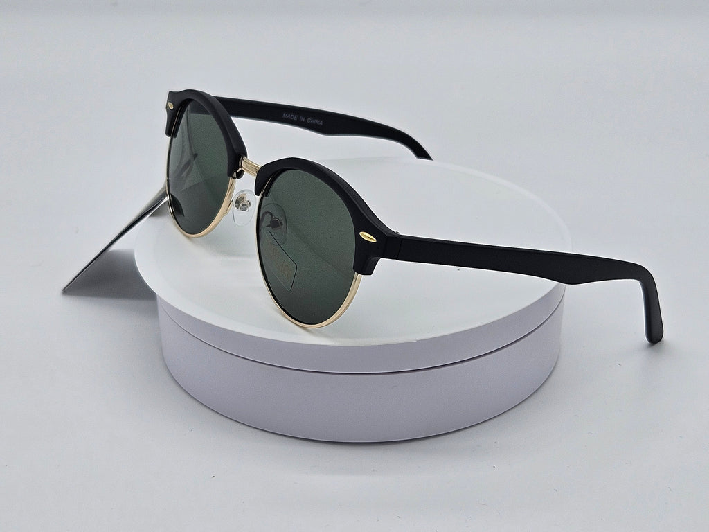 Matte Black Round Browline Sunglasses with Gold Accent
