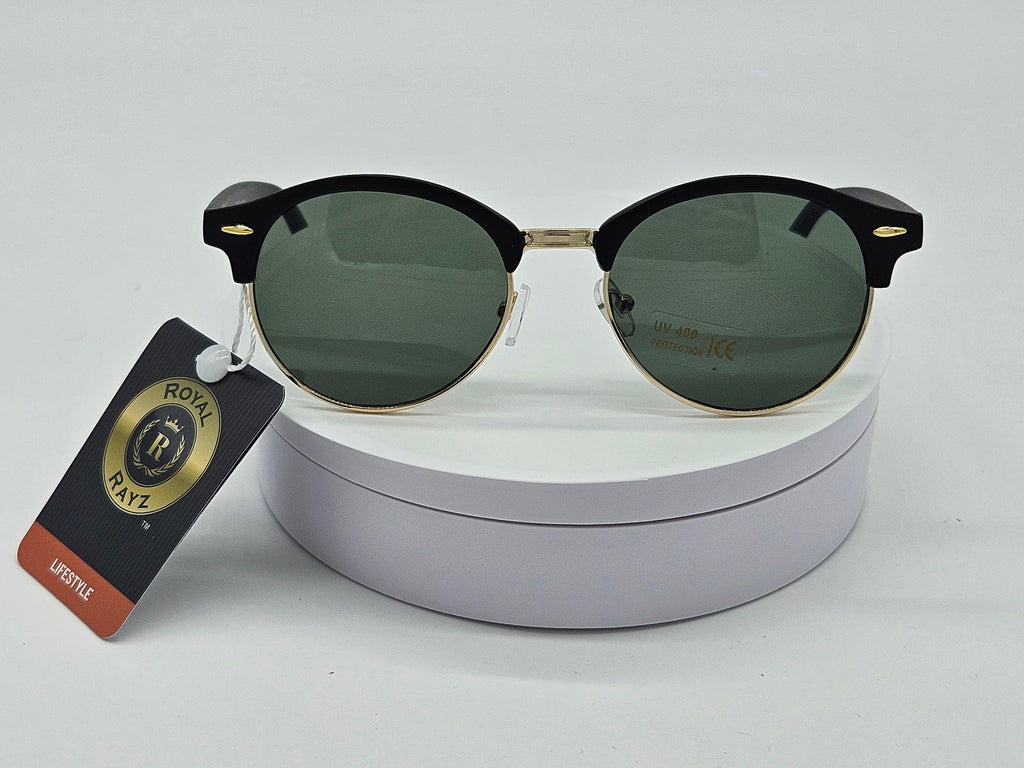 Matte Black Round Browline Sunglasses with Gold Accent
