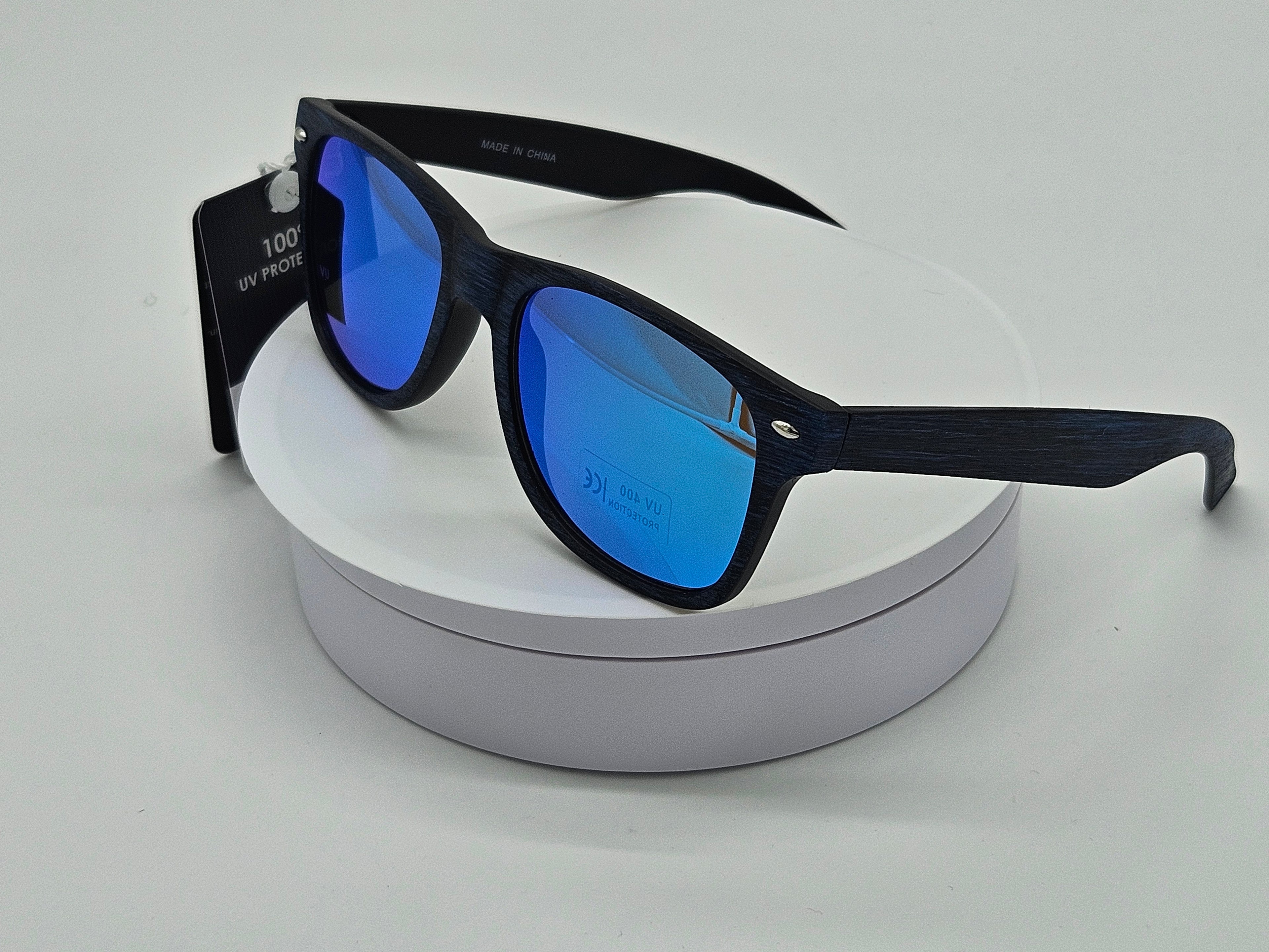 Navy Wood-Grain Wayfarer Sunglasses with Blue Mirror Lens