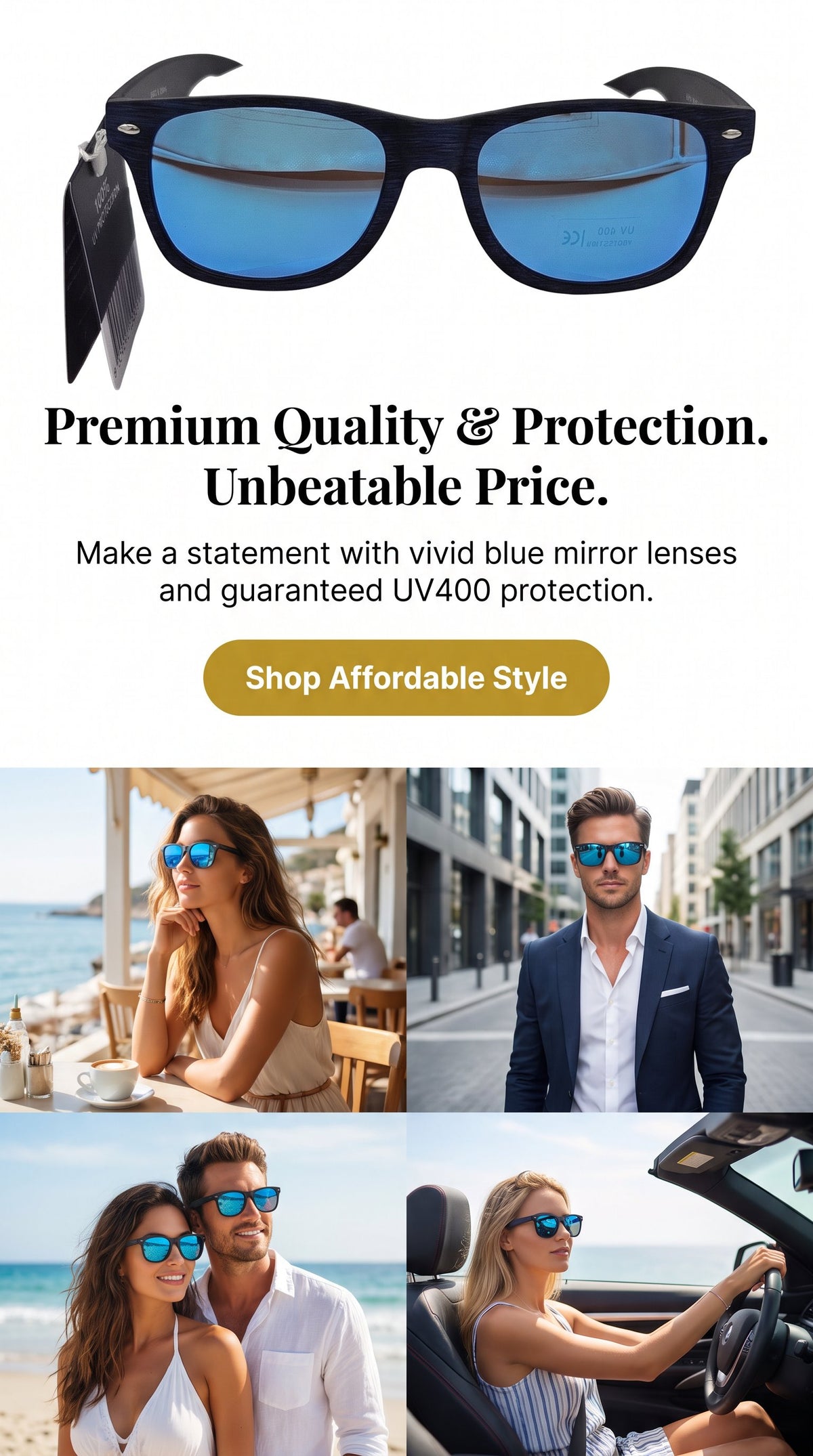 Navy Wood-Grain Wayfarer Sunglasses with Blue Mirror Lens