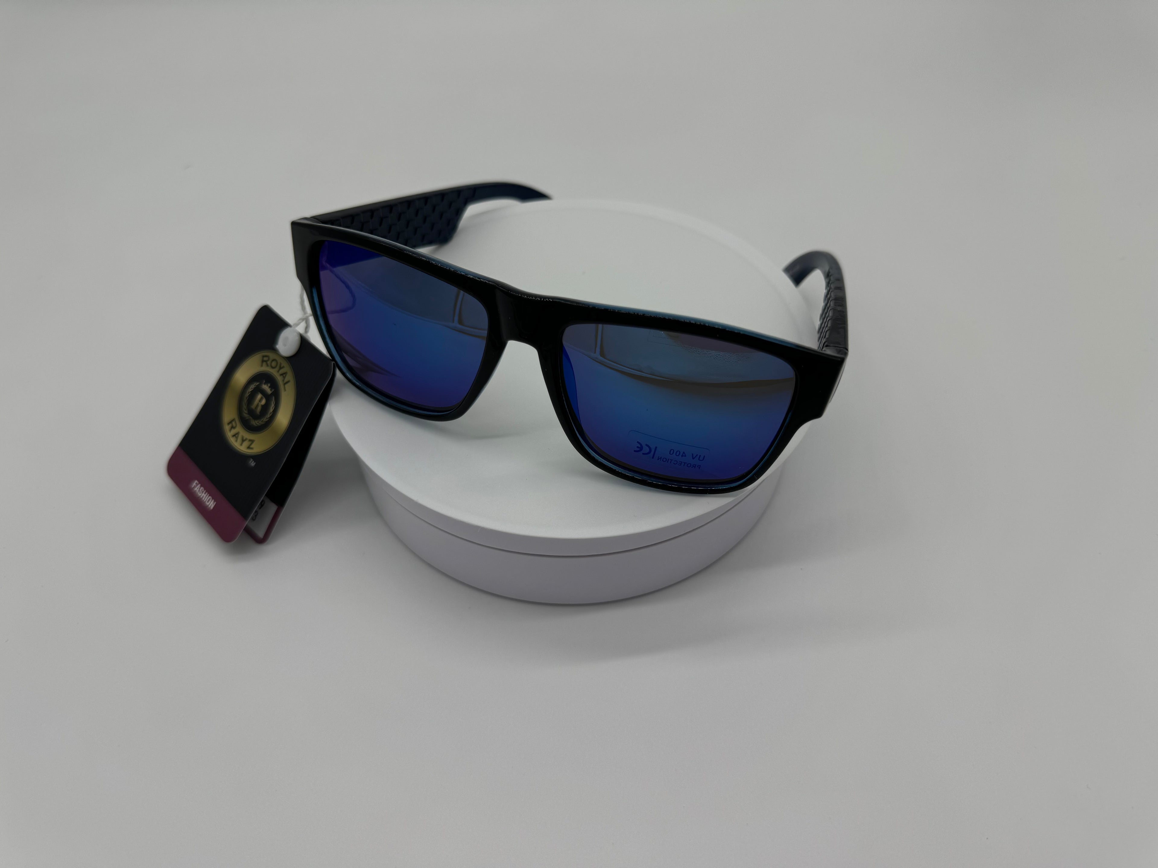 Glossy Black Square Sunglasses with Blue Mirror Lens