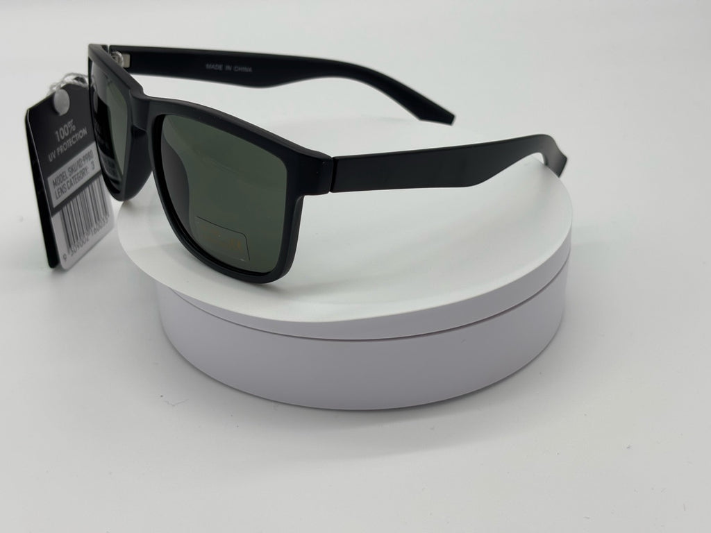 Matte Black Square Sunglasses with Green Lens