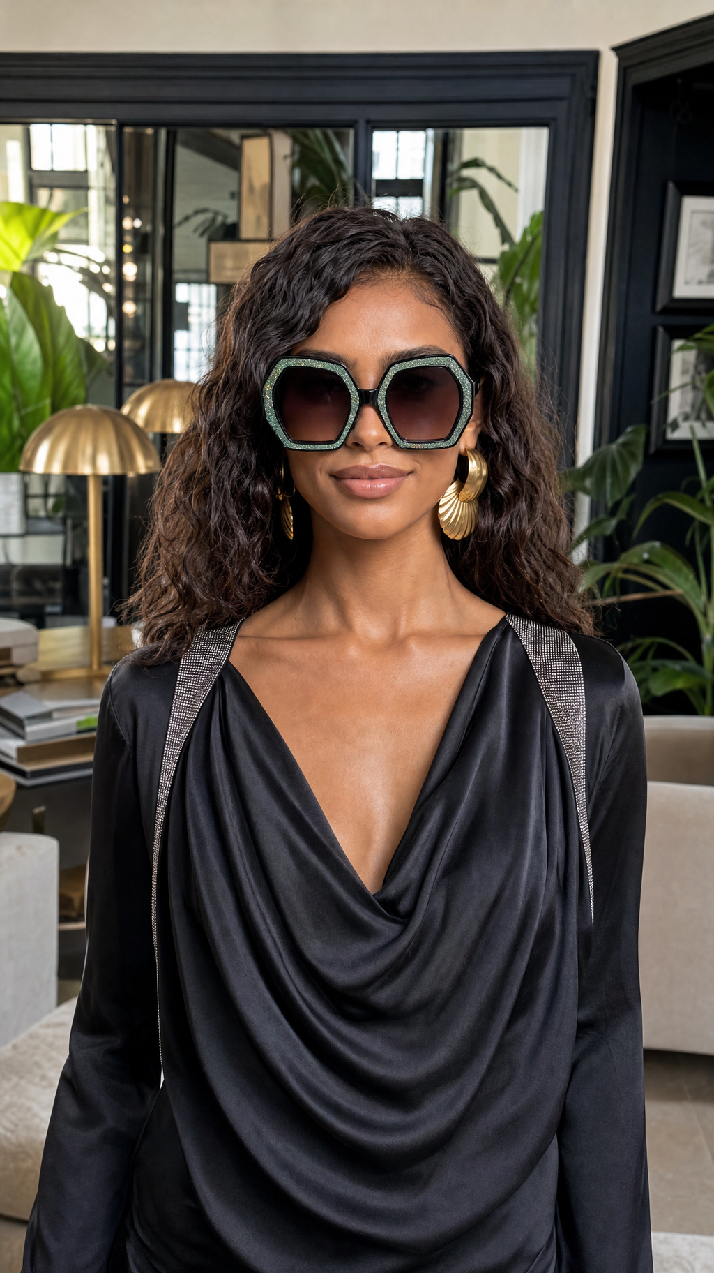 Royal Rayz Glitter Hexagon Sunglasses – Black & Sage Green, Grey-Lavender Gradient Lens