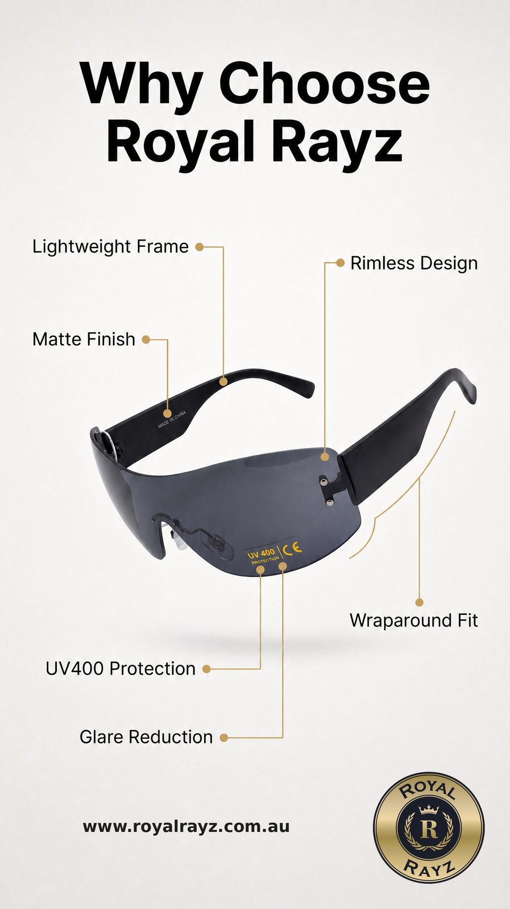 Royal Rayz Matte Shield Sunglasses – Black, Smoke Lens