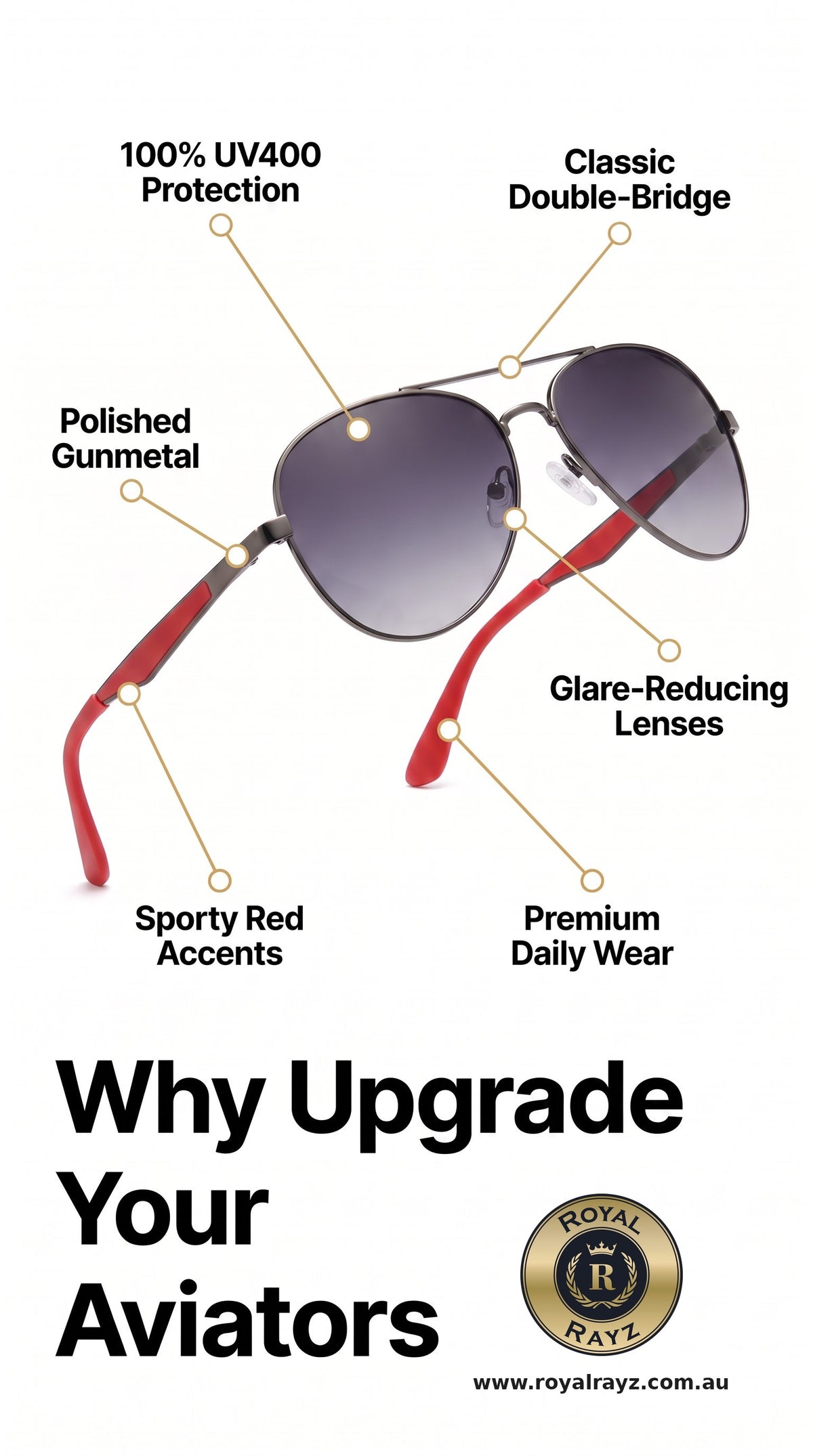 Royal Rayz Red-Tip Aviator Sunglasses – Gunmetal, Smoke Gradient Lens