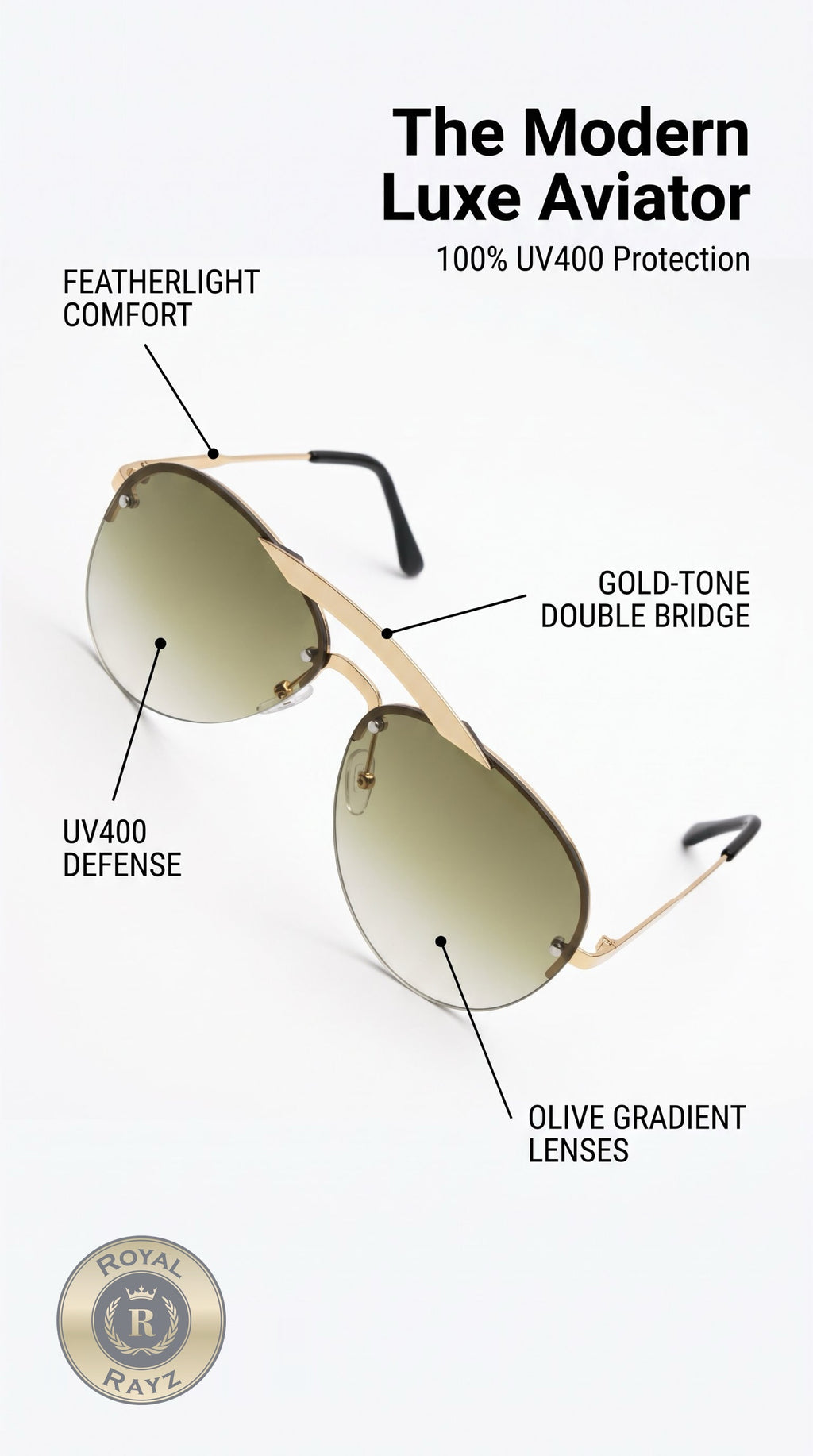 Royal Rayz Rimless Aviator Sunglasses – Gold, Olive Gradient Lens