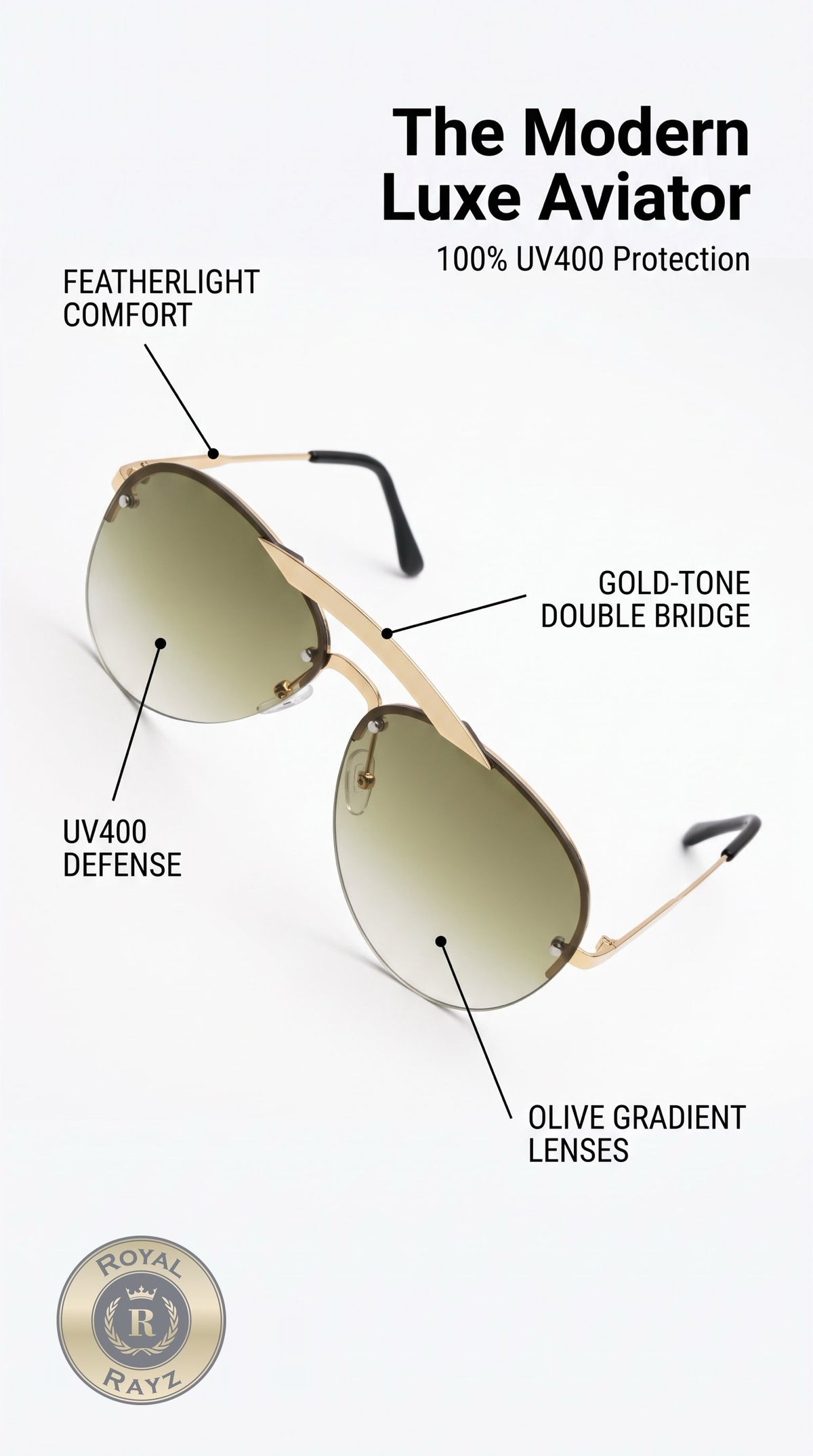 Royal Rayz Rimless Aviator Sunglasses – Gold, Olive Gradient Lens