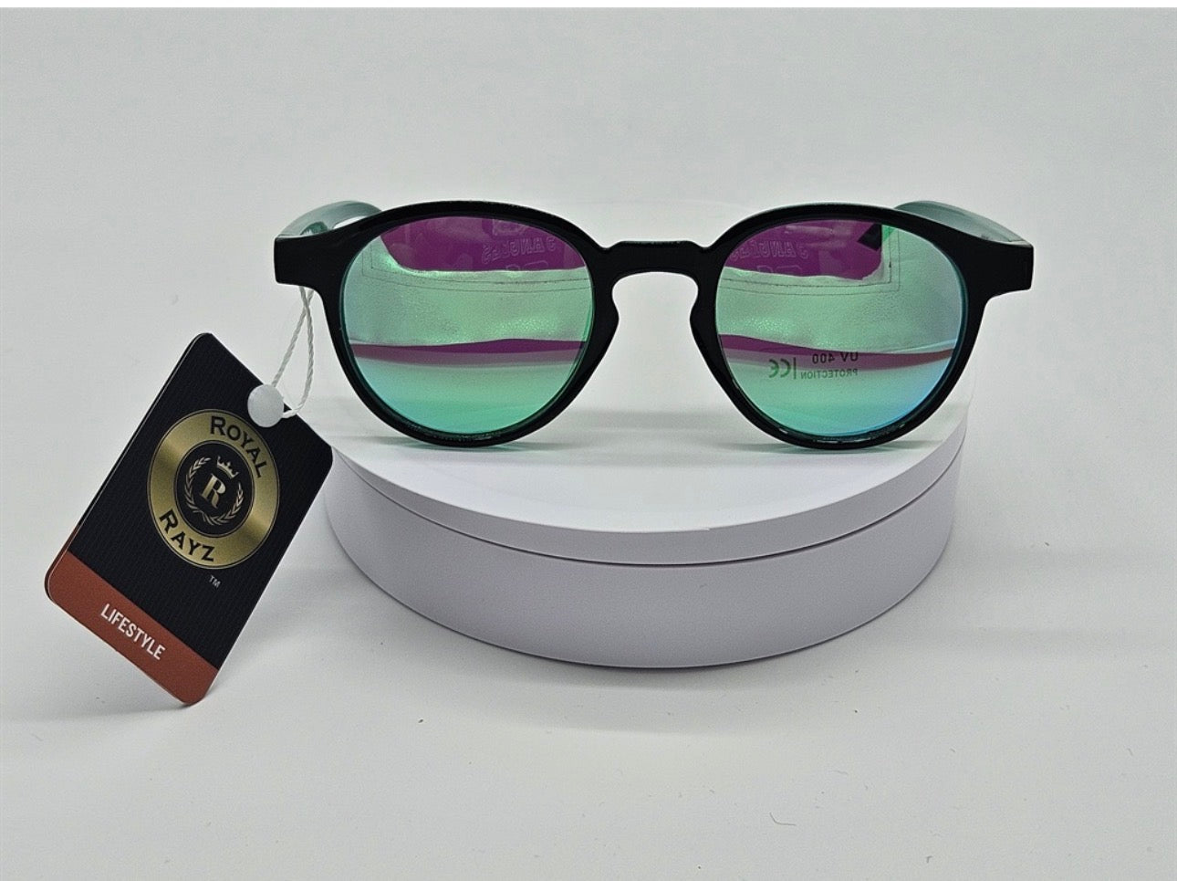 Royal Rayz Retro Round Sunglasses – Black & Forest Green, Blue Mirror Lens