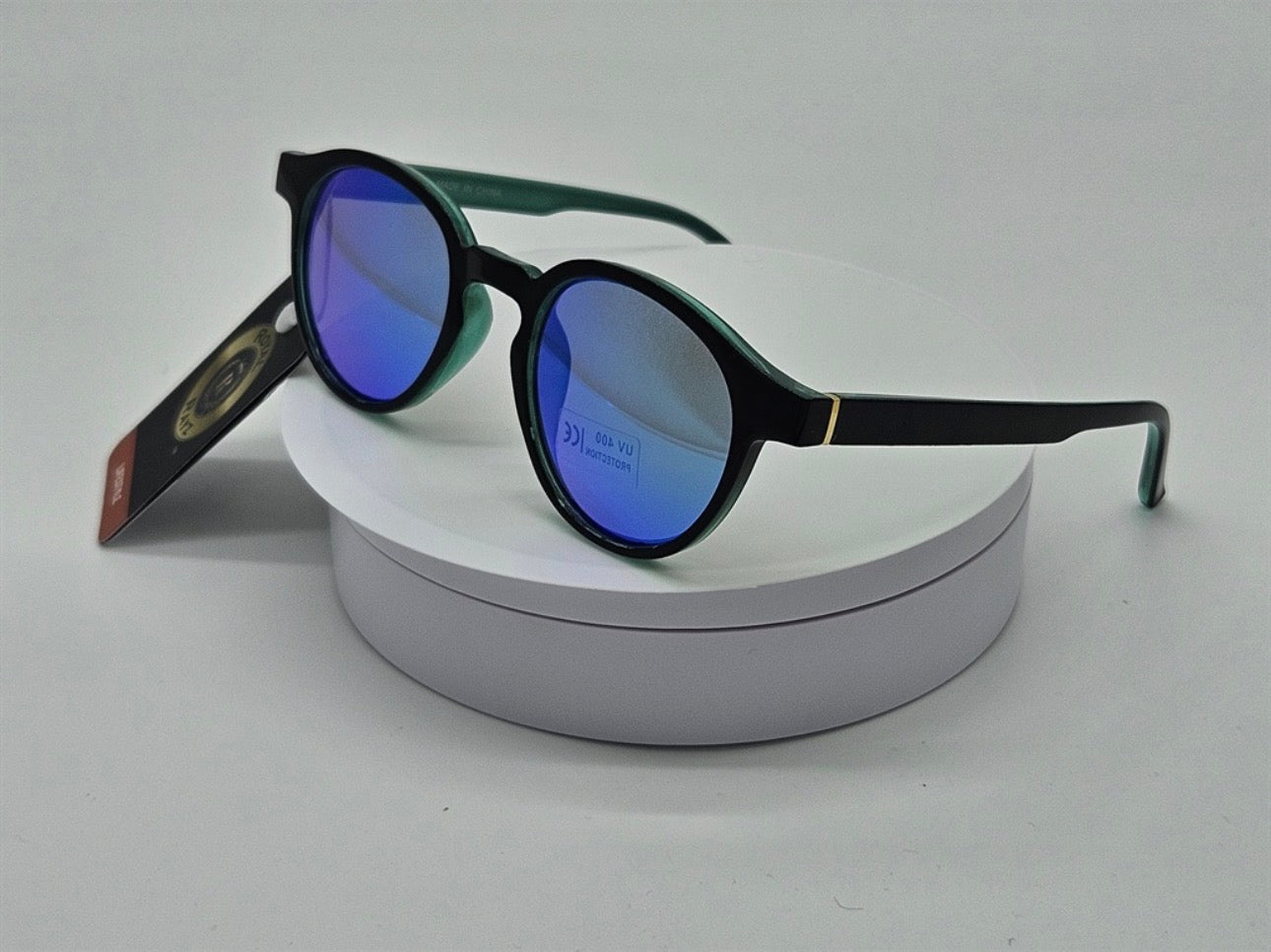Royal Rayz Retro Round Sunglasses – Black & Forest Green, Blue Mirror Lens