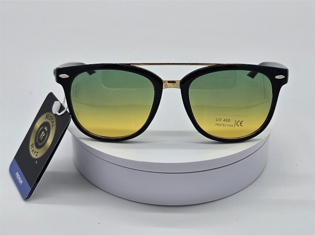 Royal Rayz Aviator Browline Sunglasses – Black & Gold, Green-Yellow Gradient Lens
