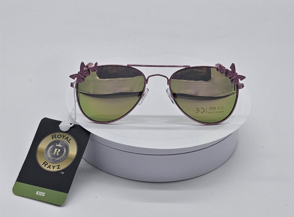 Royal Rayz Kids Butterfly Aviator Sunglasses – Pink, Green-Purple Mirror Lens