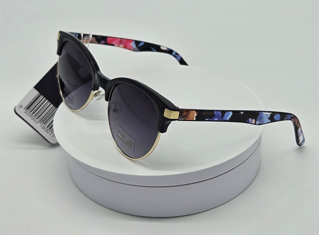 Royal Rayz Floral Clubmaster Sunglasses – Black & Gold, Floral Print