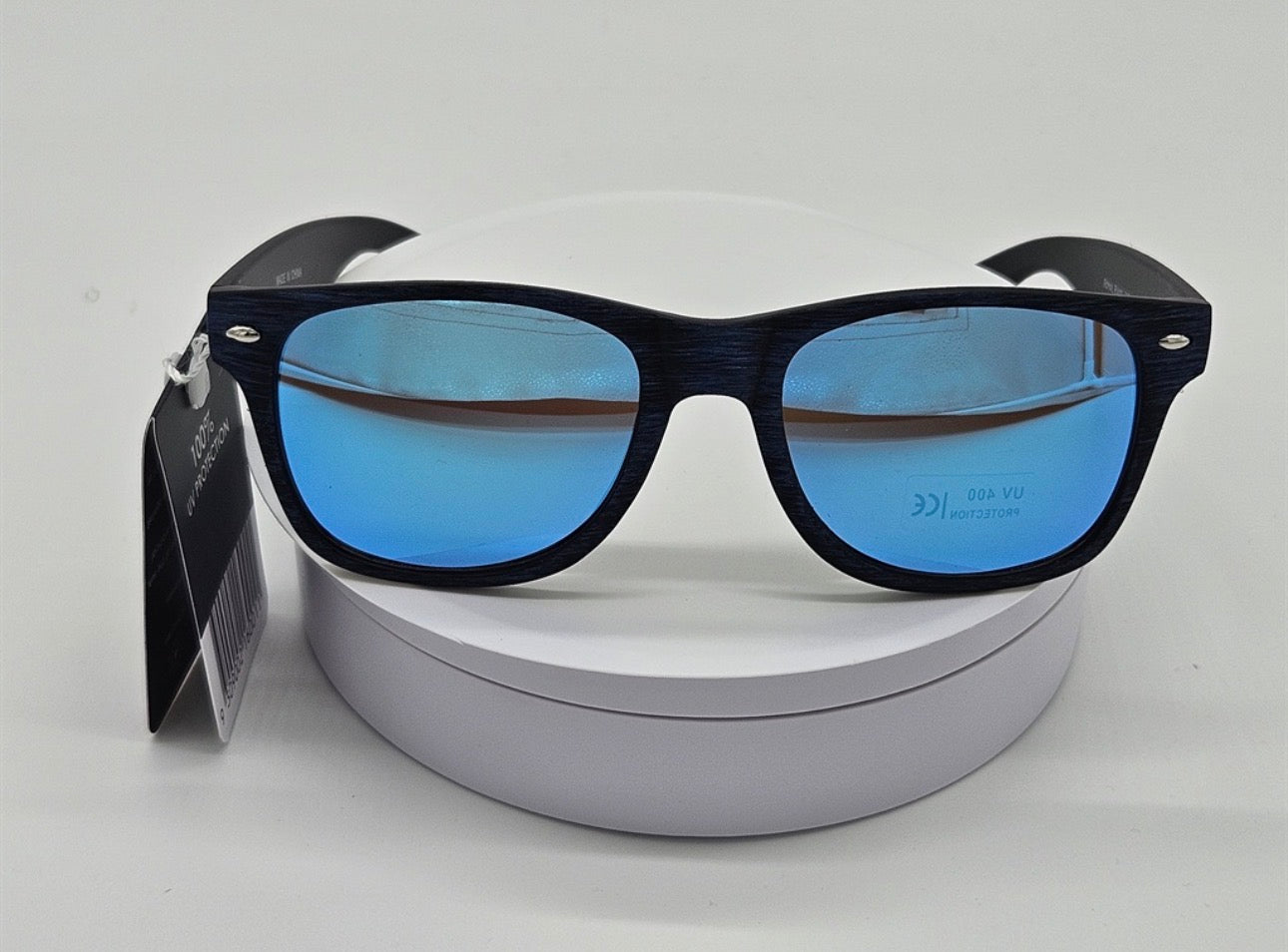 Royal Rayz Wood-Grain Wayfarer Sunglasses – Charcoal, Blue Mirror Lens