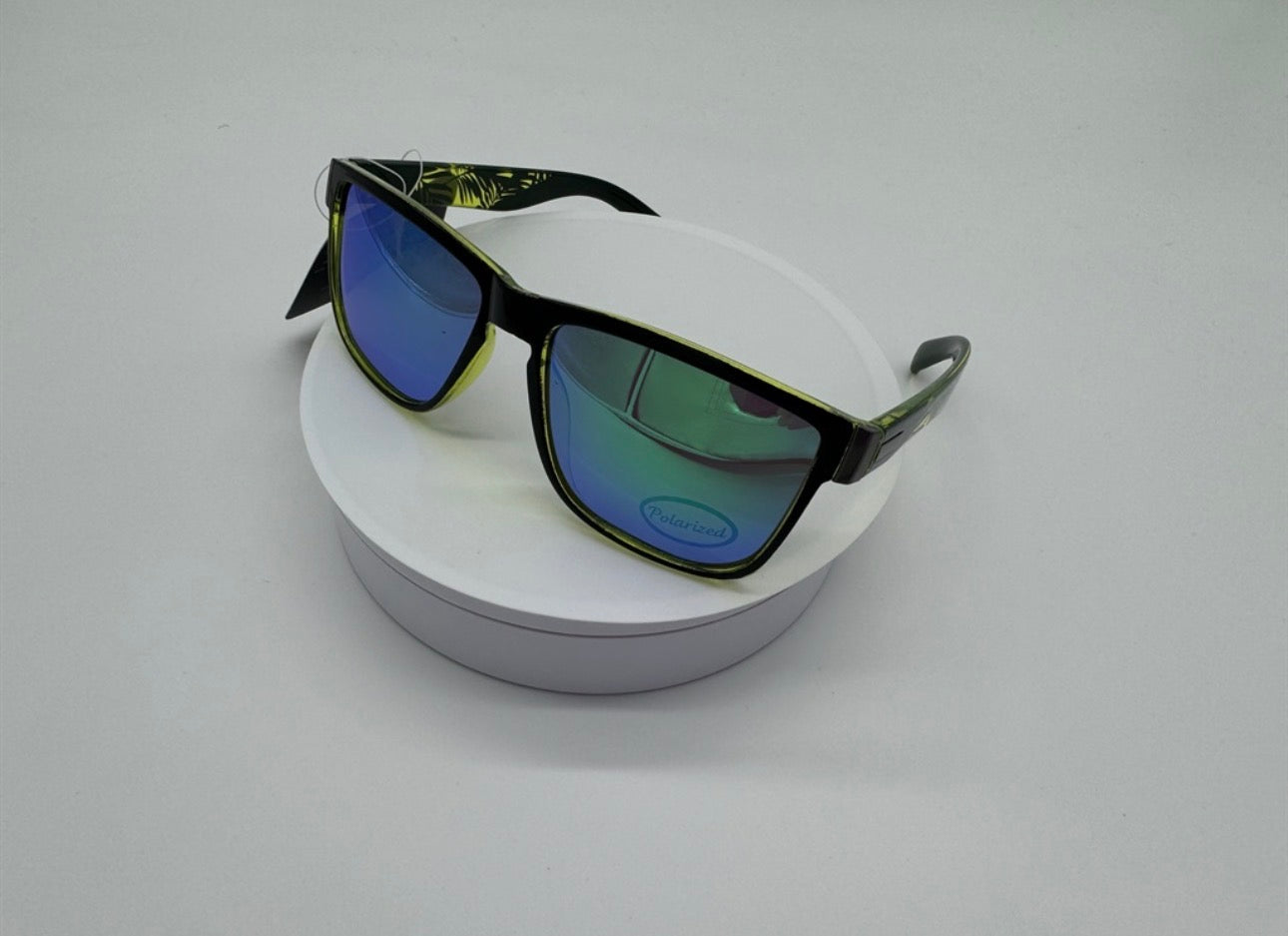 Black Square Sunglasses with Green Mirror Polarized Lens