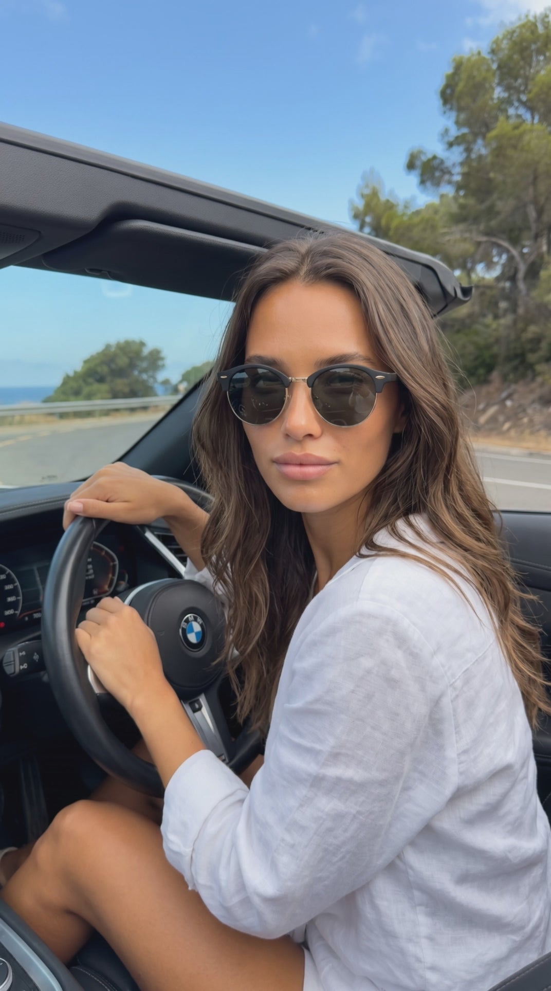 Matte Black Round Browline Sunglasses with Gold Accent